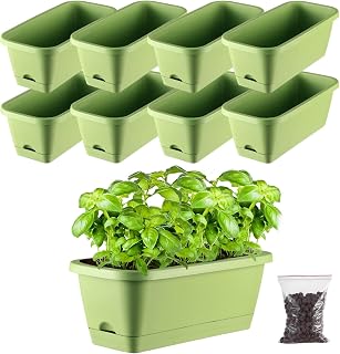 8-pack 15.6*7.5*5.9" Window Box Planters Rectangle for Indoor Plants,Planter Boxes Outdoor Large,Long Planter Box with Drainage Tray,Windowsill Herb Garden for Vegetables Succulents(Grass-green)