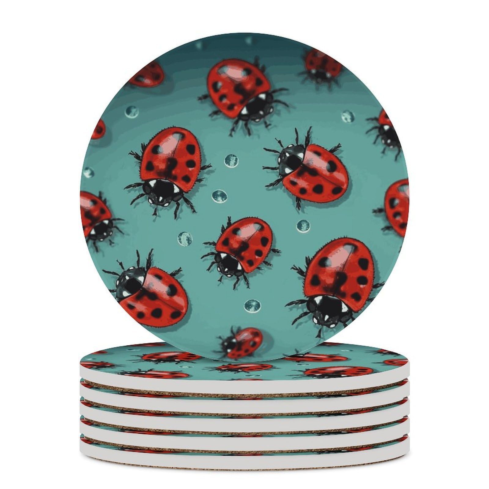 Red Ladybugs On A Blue Background Coaster with Cork Base Drink Coasters for Coffee Table Decor Modern Cup Coasters with Non-Slip & Heat-Resistant Cute Ceramic Table Coaster for Home Dining