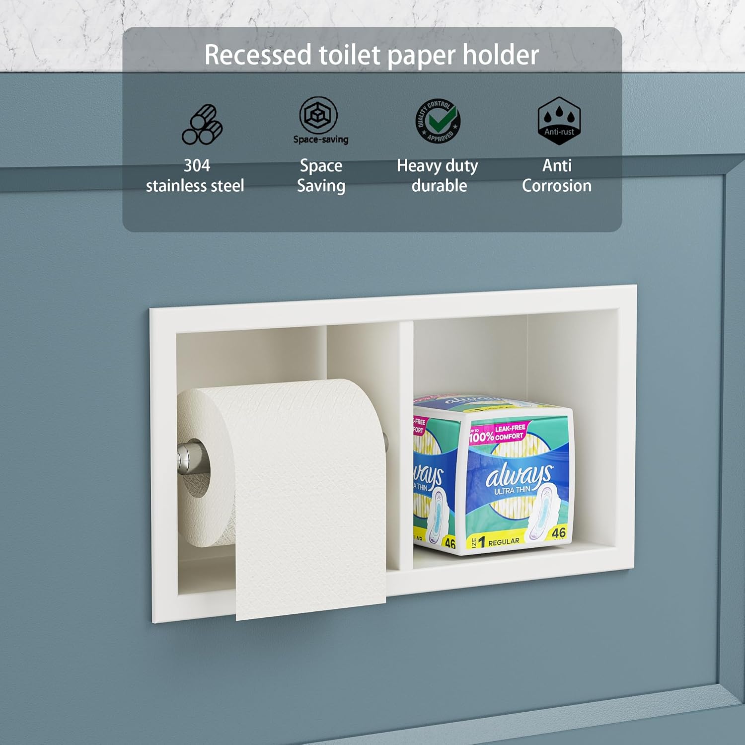 Neodrain Dual Roll Recessed Toilet Paper Holder - 304 Stainless Steel, Hidden in-Wall Design, Simple Loading and Unloading, Space-Saving for Modern Bathrooms（White