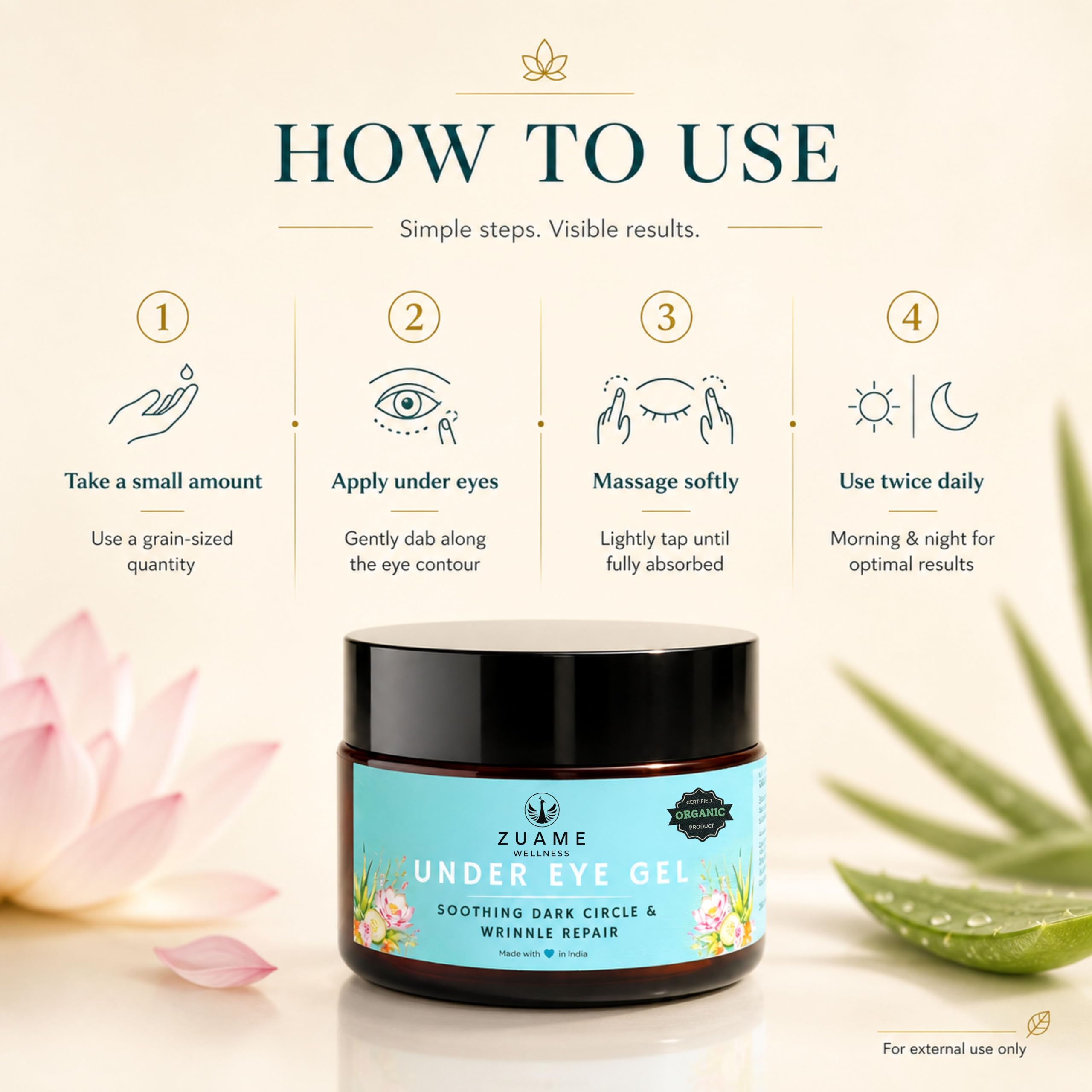 Under Eye Gel for Dark Circles, Puffiness & Wrinkle Repair | Ayurvedic Soothing Eye Cream for Women & Men | Organic Cooling Anti-Aging Treatment | Kumkumadi Tailam & Saffron | 15g — Amazon image 6