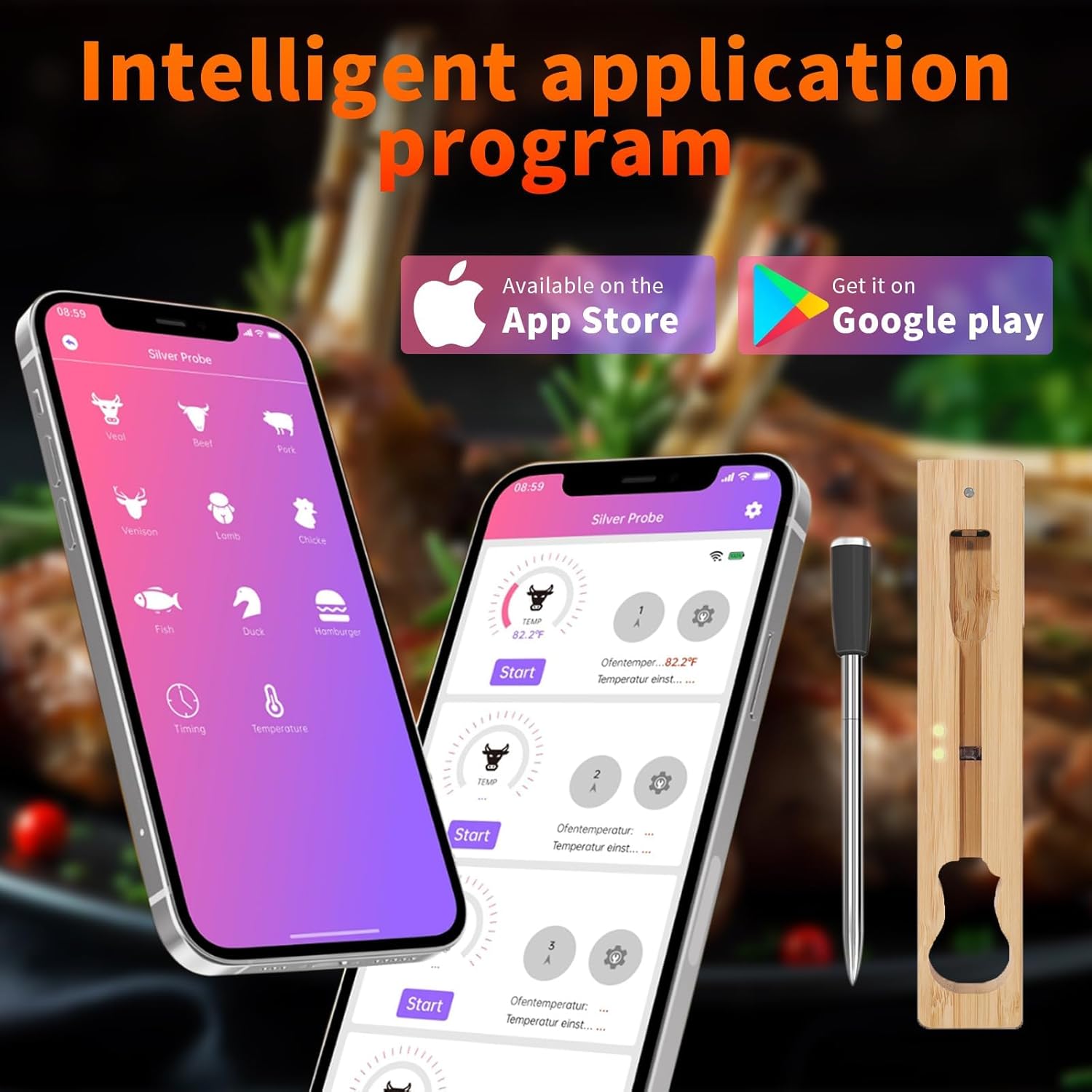 Smartphone screens showing the Silver Probe app available on App Store and Google Play