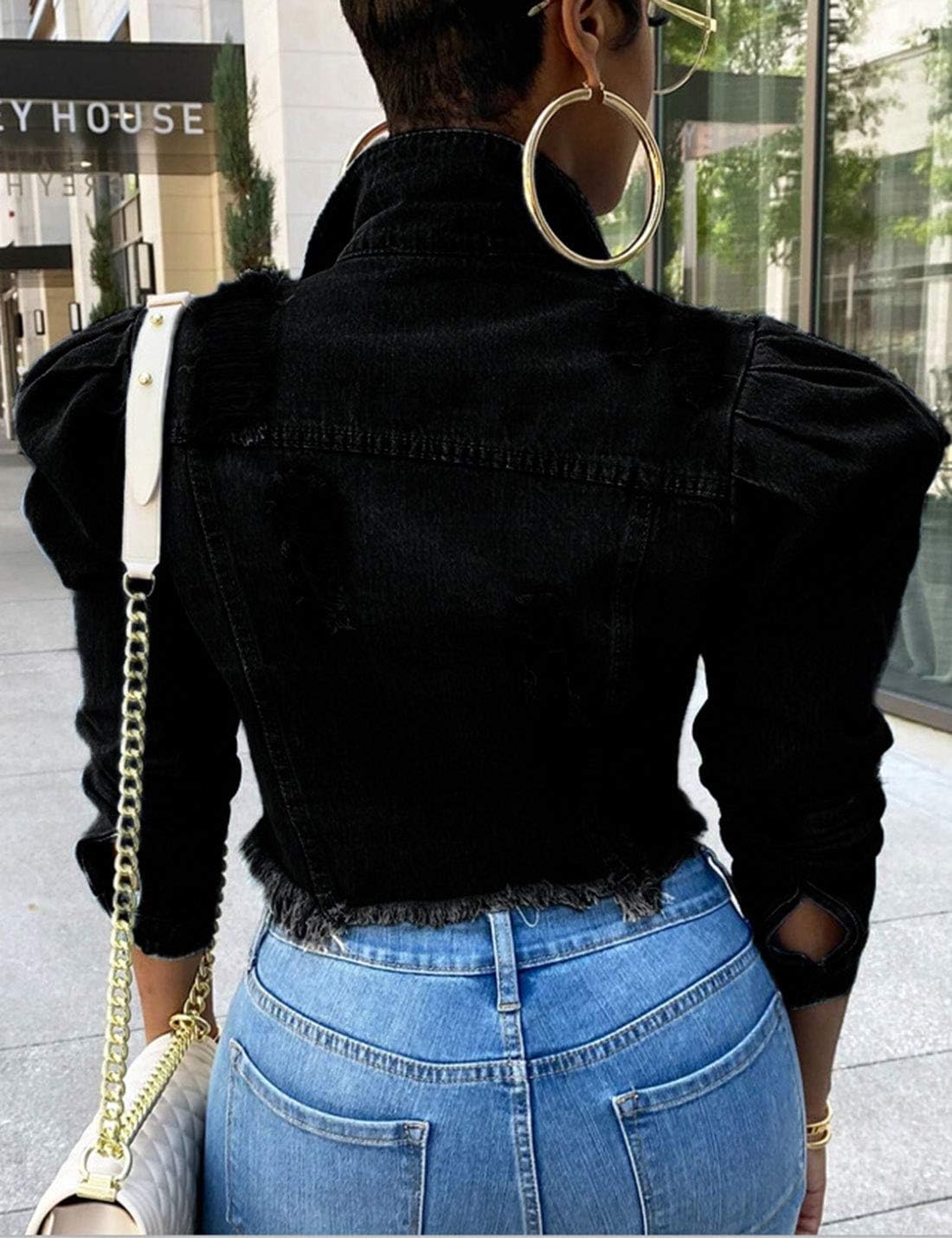 Omoone Women's Ripped Puff Sleeve Denim Crop Top Long-Sleeve Cropped Jean Jacket - Image 2