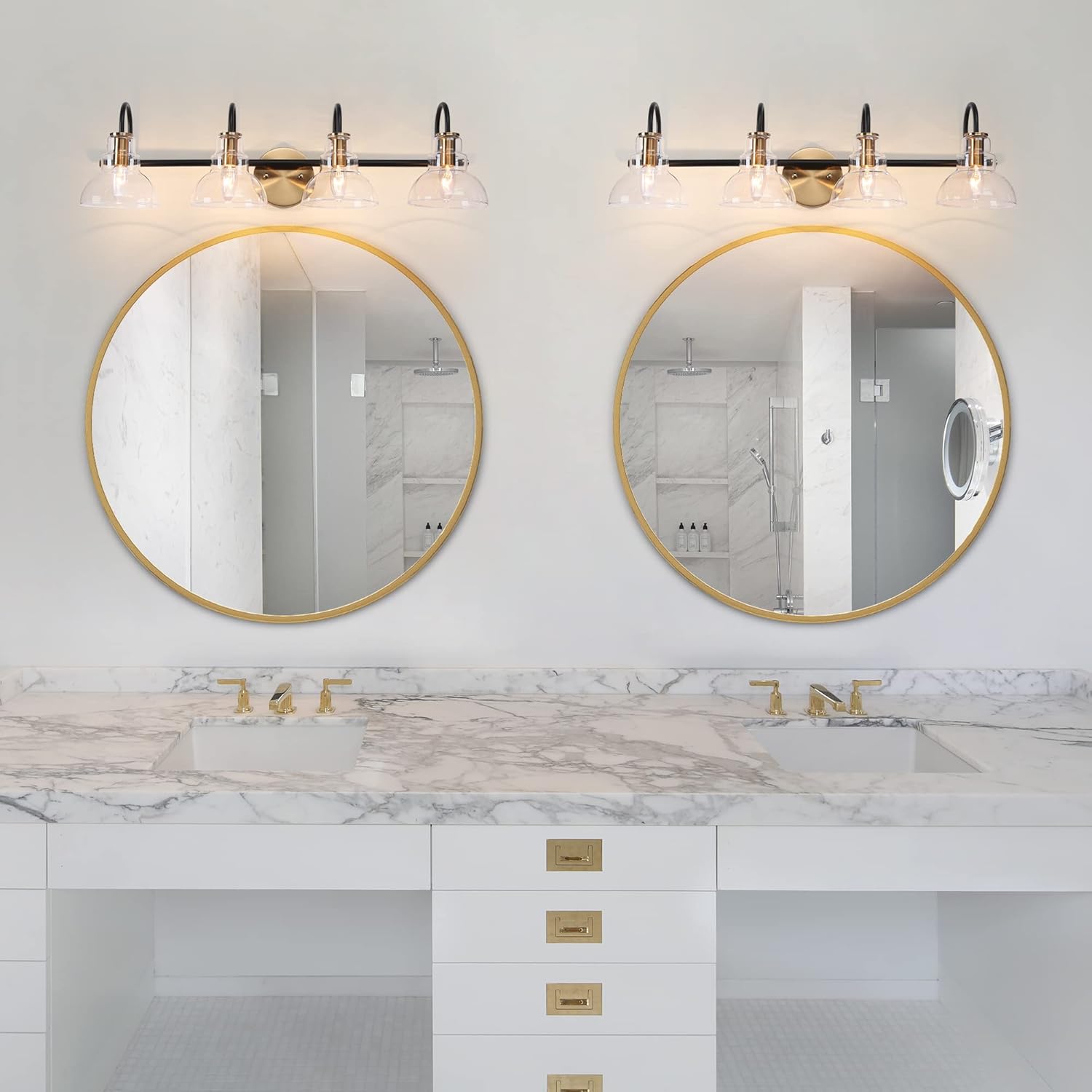ZEVNI Bathroom Vanity Light, 4-Light Large Bathroom Light Fixtures, Black Gold Vanity Lighting Fixtures with Clear Glass Shades, 29" x 7.5" x 8"