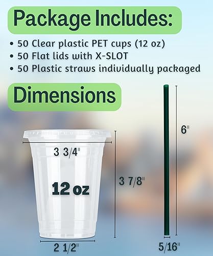 Miniatura 3 de 50 juegos Vasos de plástico transparente de 12 onzas con tapas y popotes, tazas desechables para café helado con tapas, tazas transparentes con