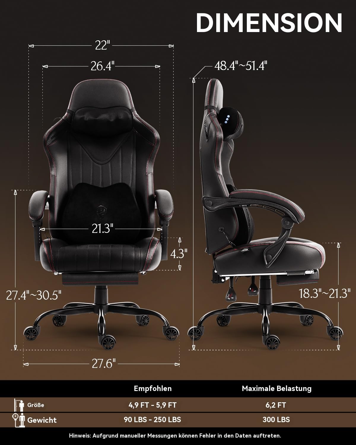 Dowinx Gaming Stuhl mit Massagefunktion, Ergonomisch Gestaltet Gaming Sessel mit Lendenwirbelstütze und Nackenstütze,Gaming Chair bis 135 kg Höhenverstellbar, Leder Geeignet für Erwachsene,Black