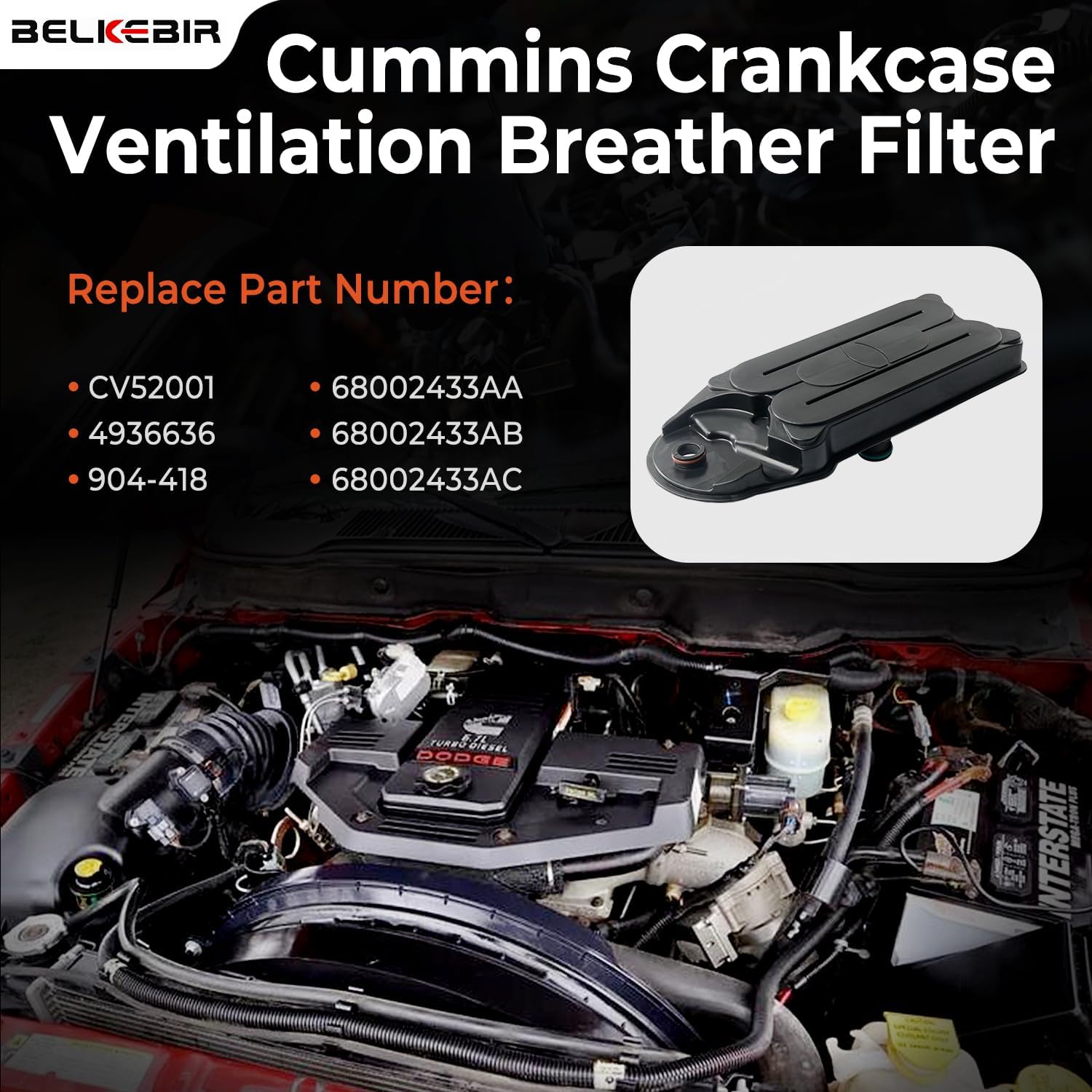 6.7 Cummins Crankcase Ventilation Filter Breather Element CCV Filter Compatible With 2008-2021 Dodge Ram 2500 3500 4500 5500 6.7L ISB Diesel Engine, Replaces CV52001 68002433AA 68002433AB 904-418