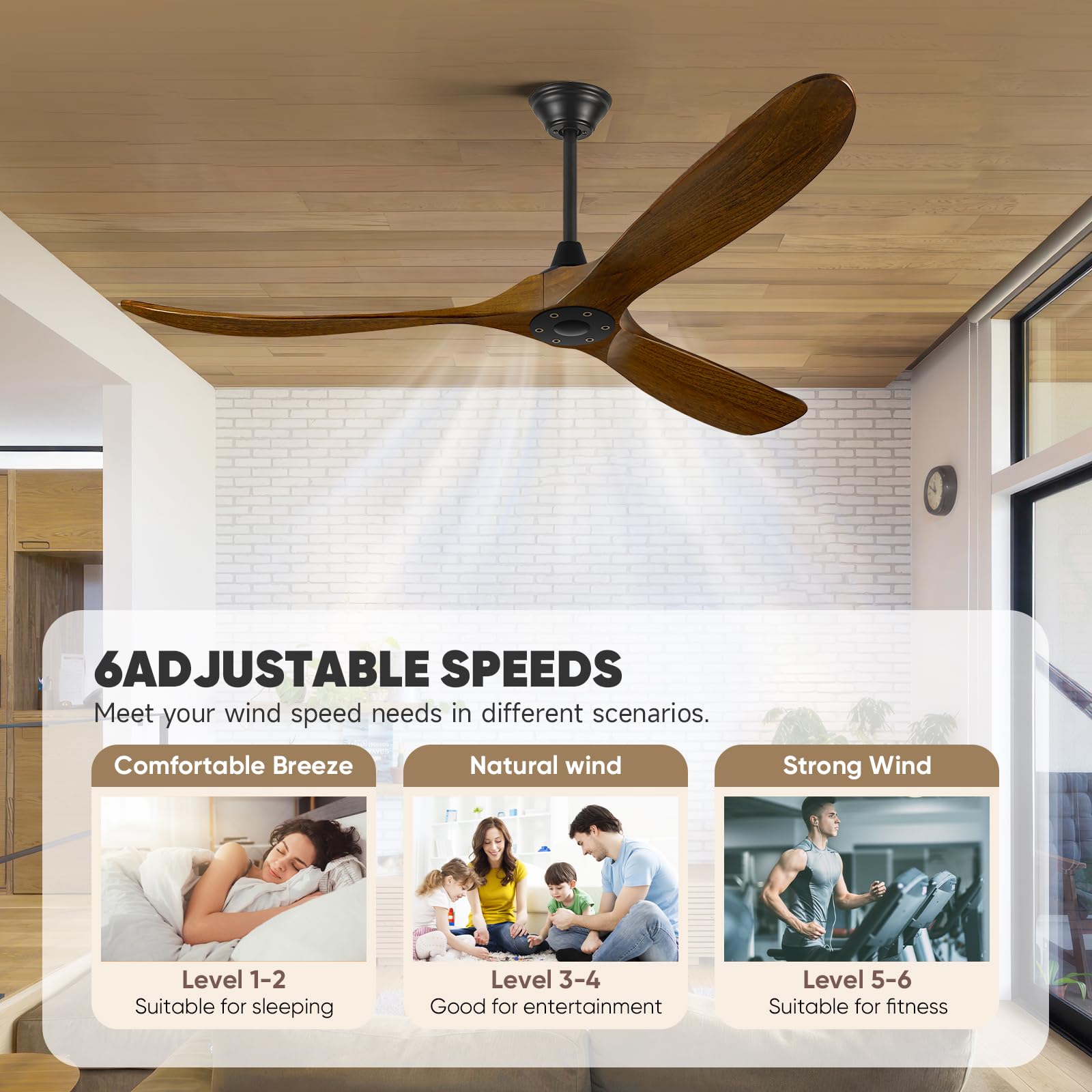 Ventilatore da soffitto in legno da 52 pollici con telecomando, moderno ventilatore da soffitto a 6 marce, 3 fogli, motore DC reversibile, ventilatore da soffitto per interni ed esterni