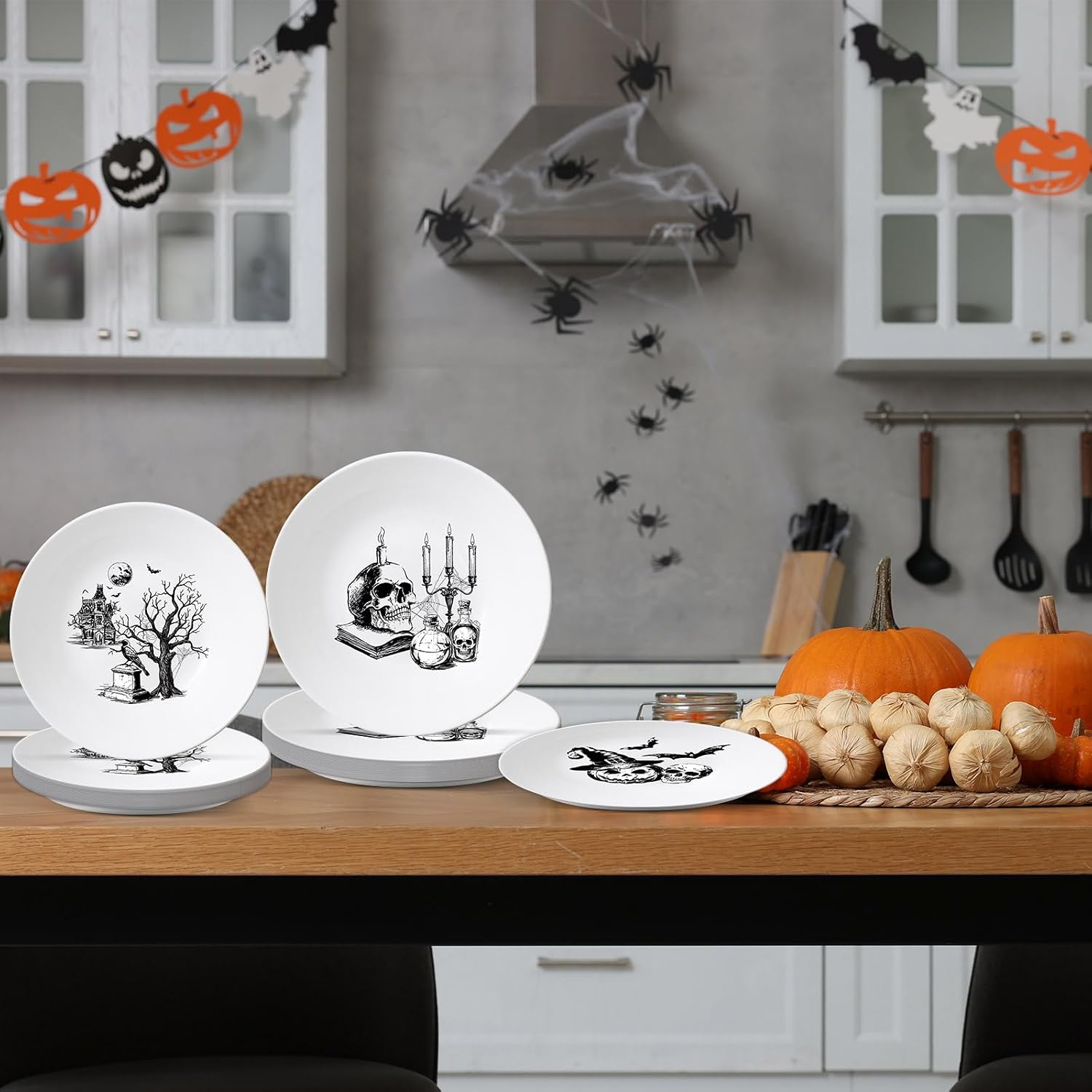 4 Set 10 Inch Halloween Gothic Plates Melamine Halloween Dinnerware Set Reusable Skull Candle Bat Tombstone Crow Melamine Plate Dishwasher for Toddlers Creatively Drop Resistant Cute Plastic Dish