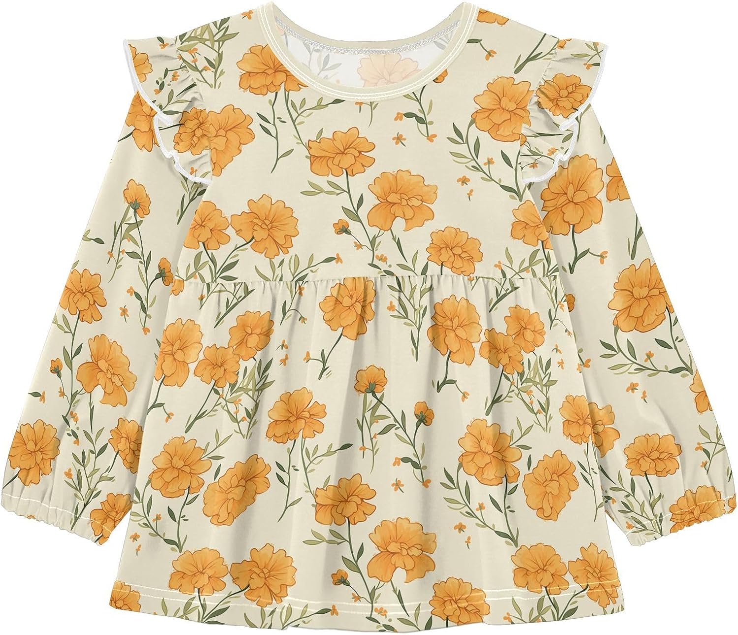 visesunny Toddler Clothes for Girls Elegant Marigold Pattern Long Sleeve Fall Shirts Cotton Top with Ruffle Collar