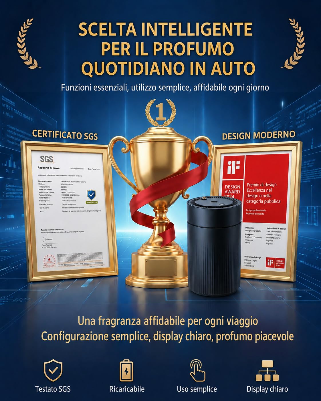 Profumatore Auto Diffusore con Profumo Auto Oceano da 120 ml, Deodorante per Veicolo da Portabicchieri con Batteria, Luce a Cielo Stellato, 3 Modalità, Durata 4-6 Mesi BJ586