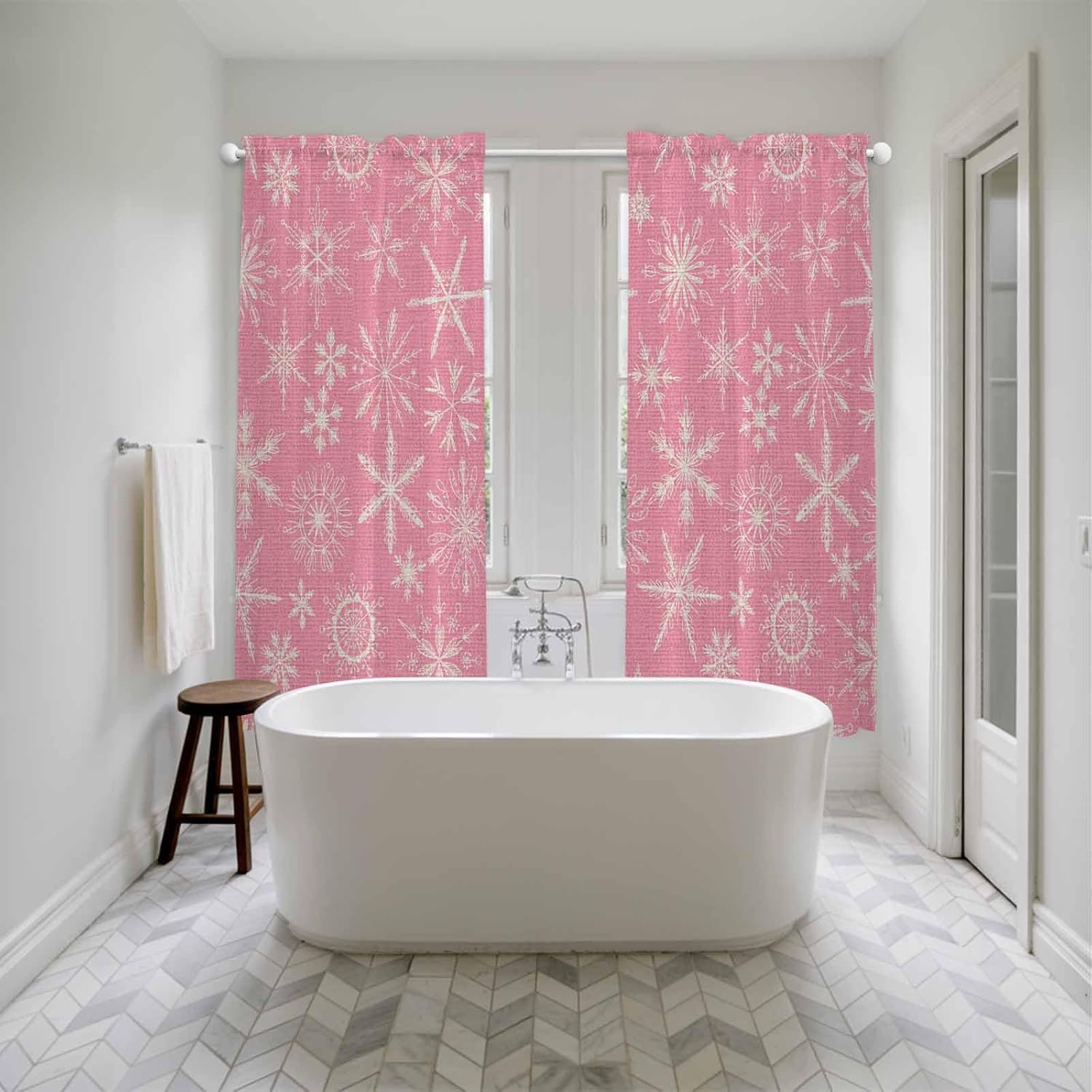 Pink Christmas Window Curtains 72 Inch Long 2 Panel Set, Rod Pocket Long Curtains & Drapes, Farmhouse Winter Xmas Beige Snowflakes Light Filtering Window Treatment for Bedroom Living Room 52"W x 72"L