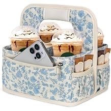 Floral Quilted Drink Carrier Tote Bag for Car, 4 Cup Water Holder with Removable Dividers Cute Women's Reusable Beverage Bag