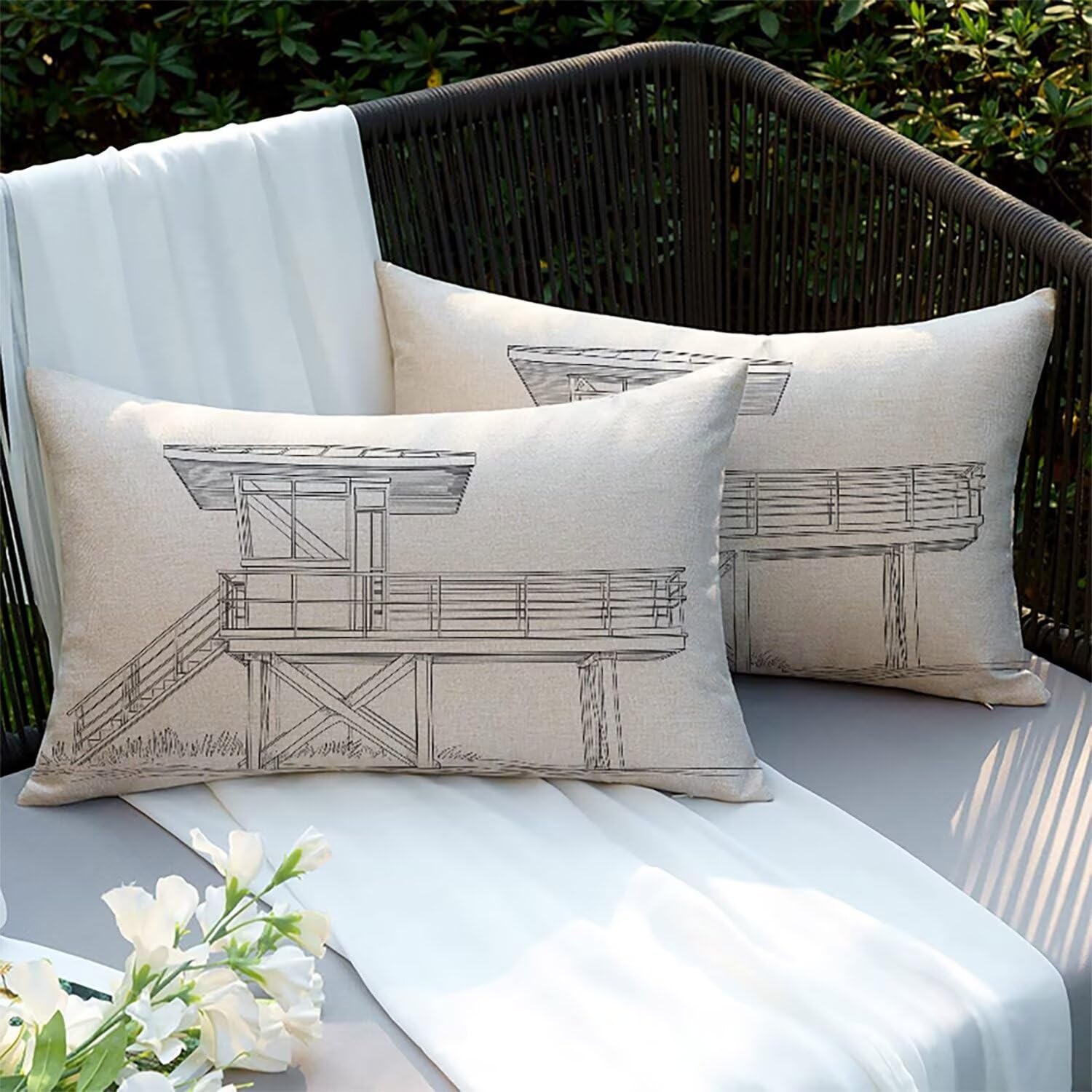 Taies d'oreiller étanches contre la pluie housses coussins lin 70x40cm extérieur