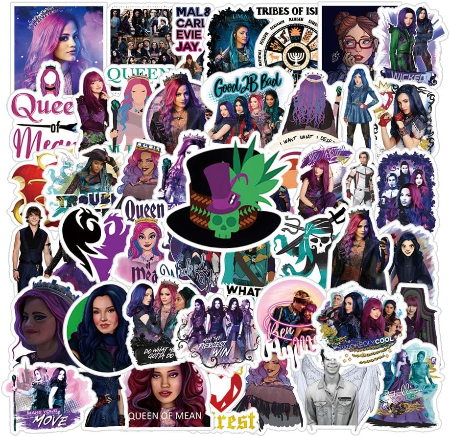 54 Pcs Descendants Stickers Classic Comedy Movie Fashion Aesthetic Vinyl Waterproof Stickers for Adults for Birthday Party Decoration Favors for Water Bottles Laptop Suitcase