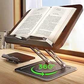 Suporte de livro para leitura, ajustável com bases giratórias de 360°, suporte ergonômico para livros de receitas, clipes de página elásticos para revistas, tablets, laptops, preto