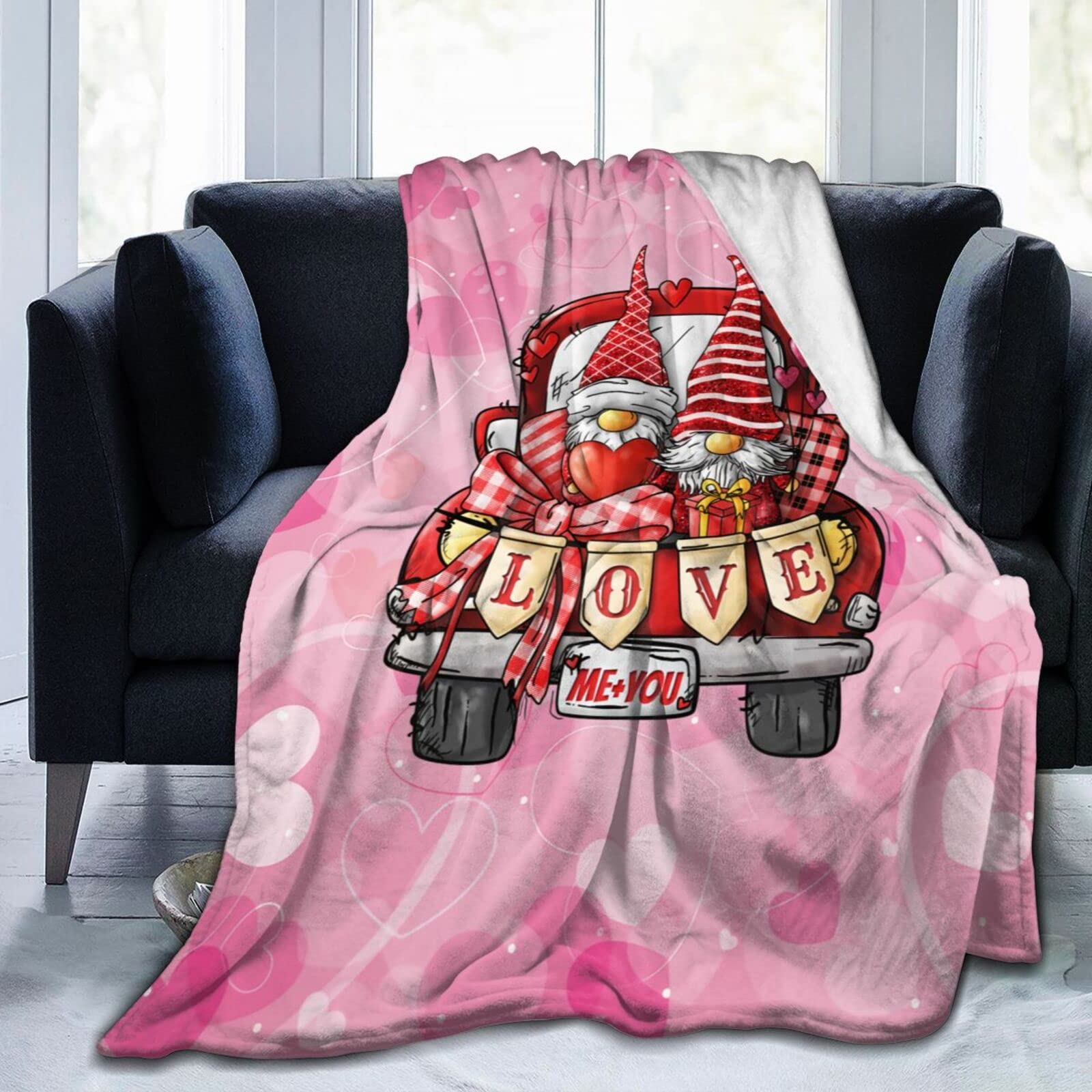Lsjuee Valentine Gnomes Truck Throw Blanket Warm Cozy Lightweight Blankets Happy Valentine's Day Gift Flannel Blanket for Sofa Couch Bed Office Holiday Decorative 50"X40"