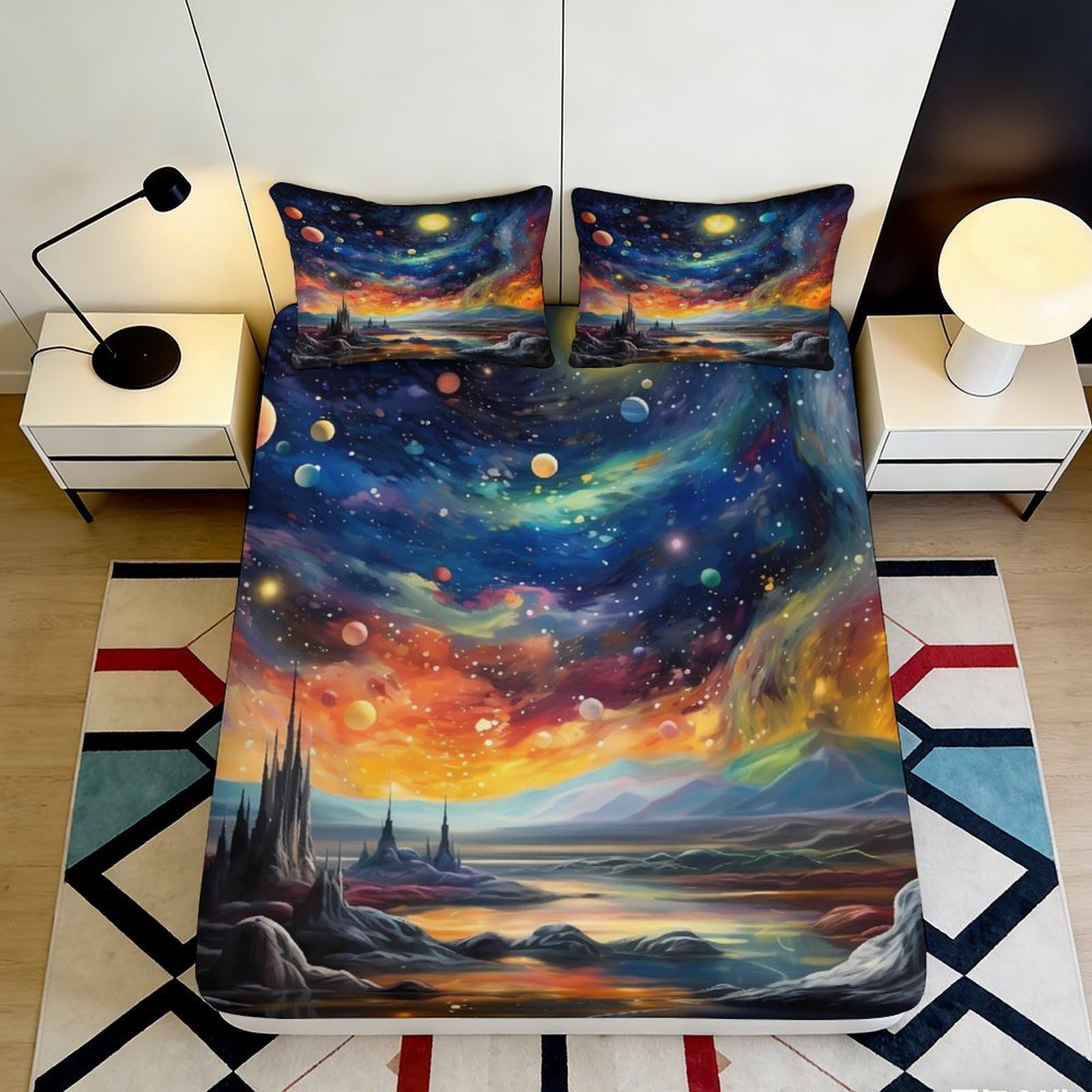 3D Printed Galaxy Starry Sky Fitted Sheet Microfiber Non-Slip Mattress Cover Cosmic Nebula Bedroom Decor Easy Care 200x200x25cm