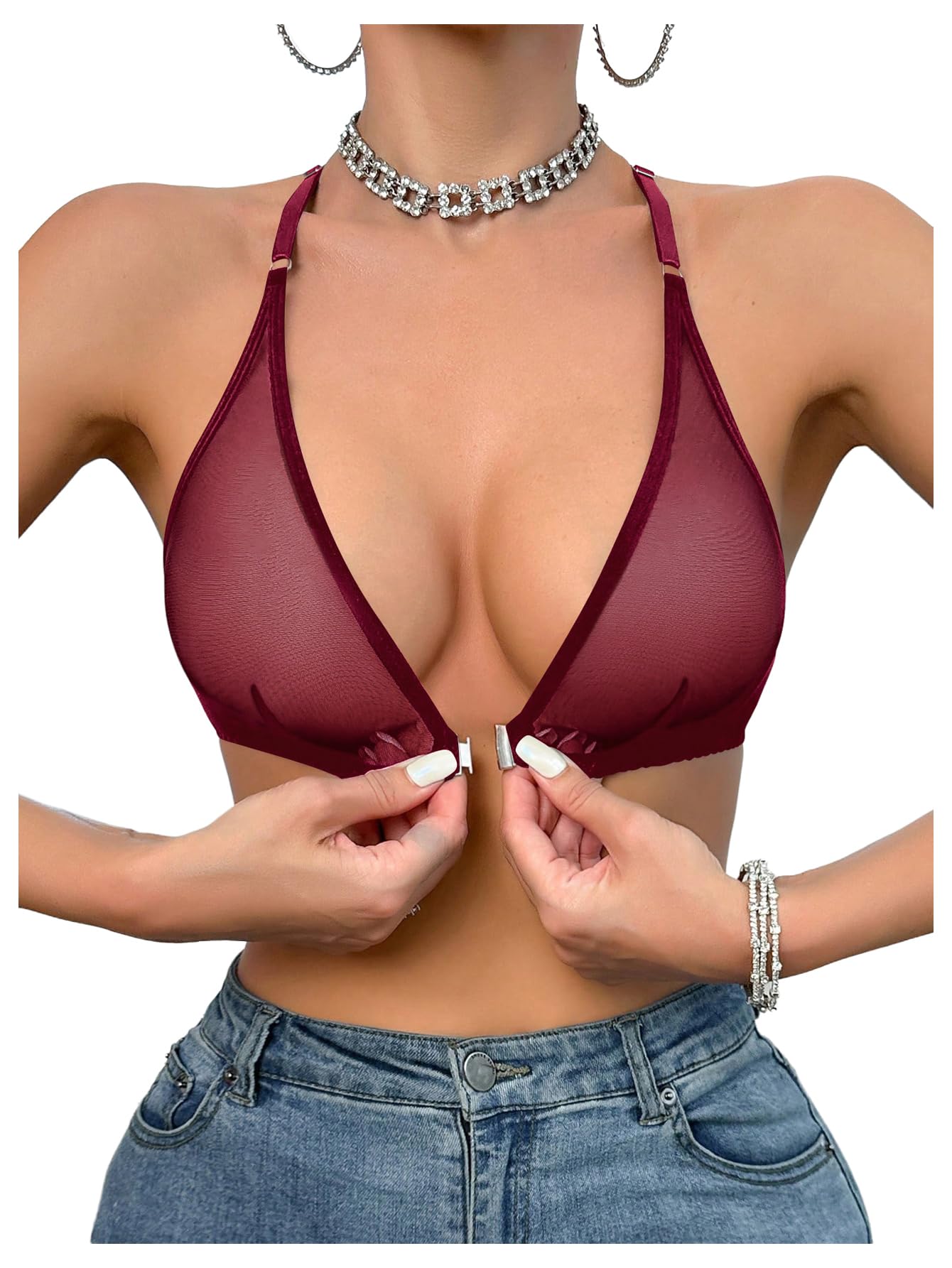 SOLY HUX Women's Sheer Mesh Bralette Front Closure Bras