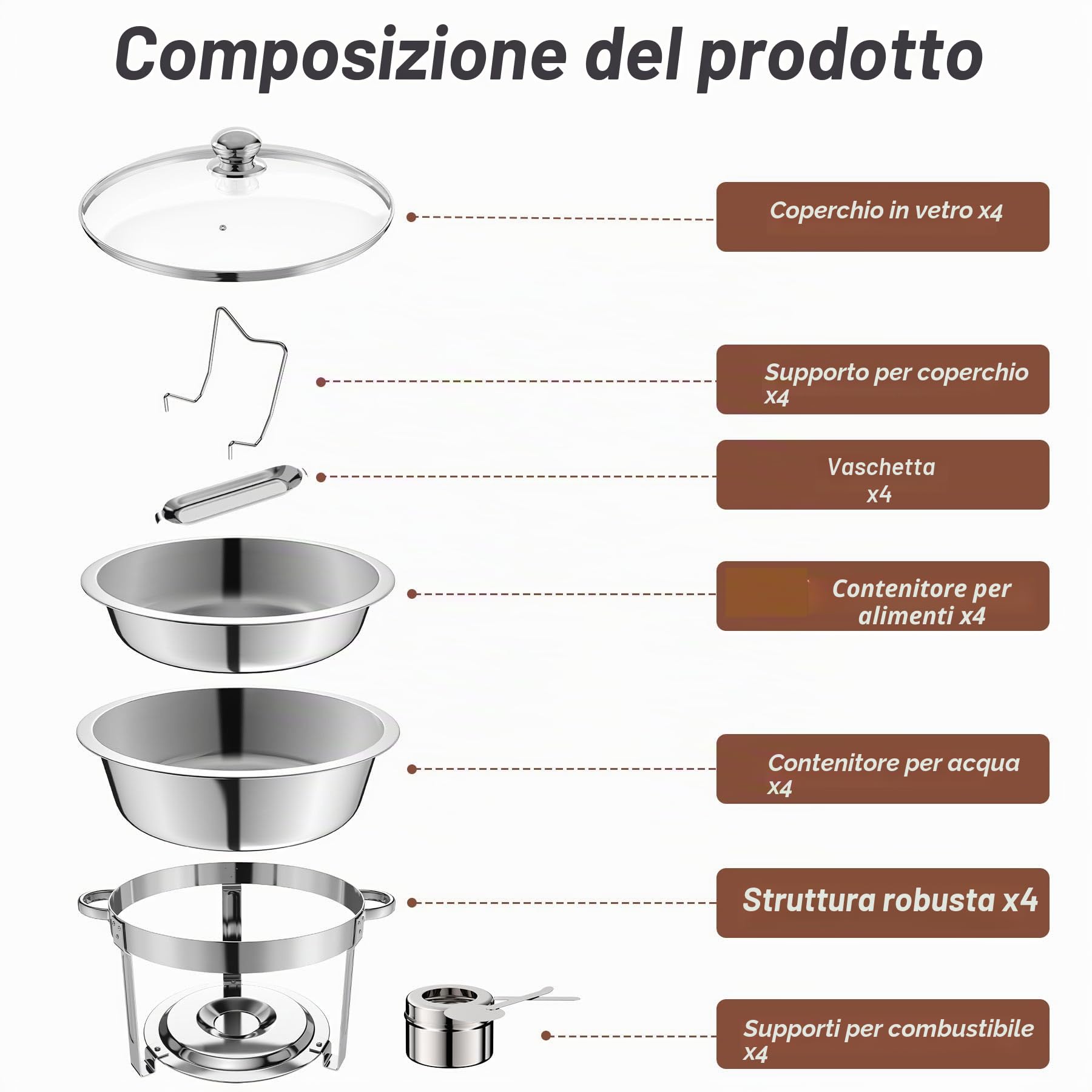 NArra 4 Pezzi Set da Buffet per scaldavivande, 7.5L copripiatti Rotondi in Vetro, Posate per Buffet in Acciaio Inox, Telaio Spesso per Catering, scaldavivande per Feste, Matrimoni, Picnic
