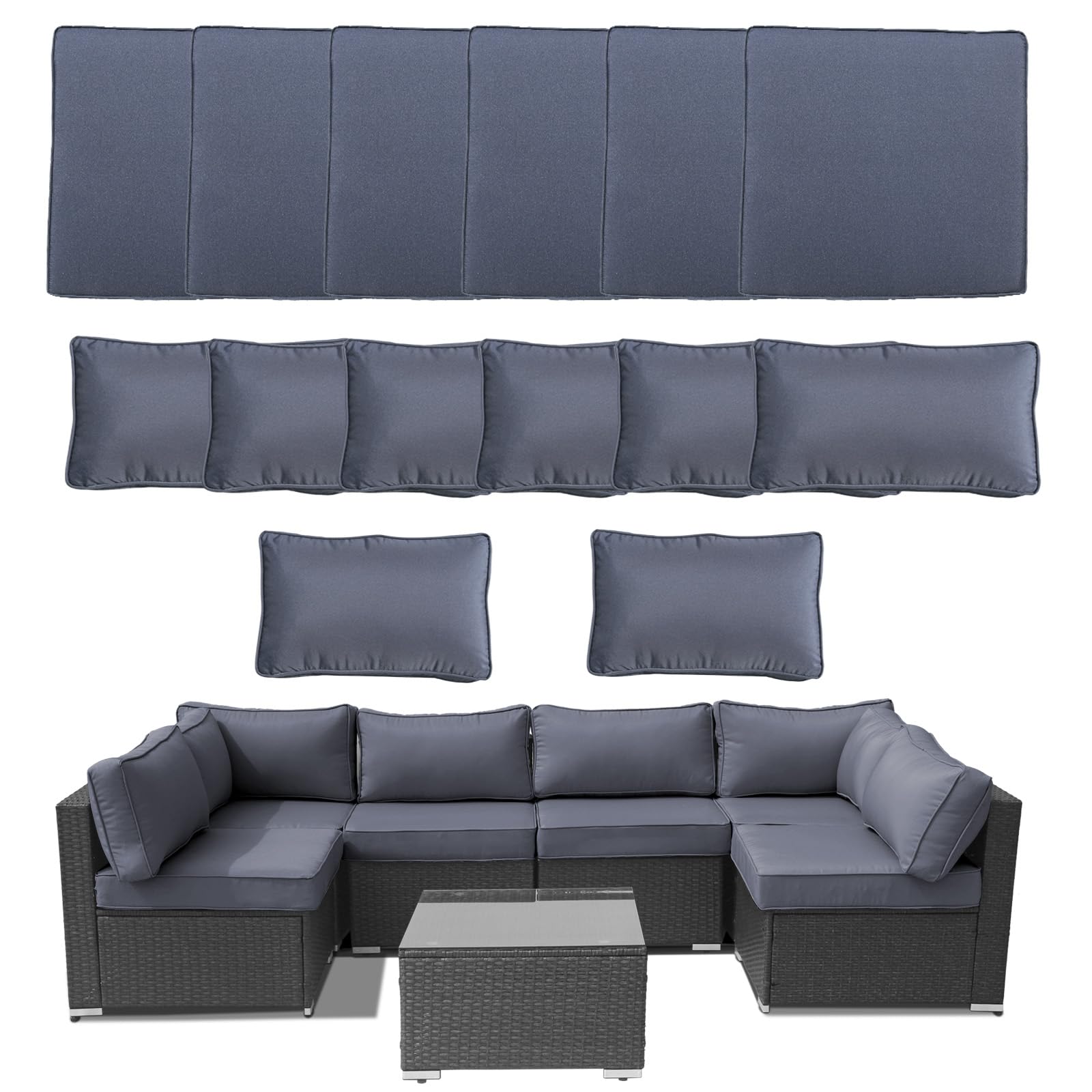 14Piece Outdoor Sofa Cushion Replacement, Patio Furniture Waterproof Cushion with Zippers, fit 6-Seat Outdoor Wicker Rattan Sectional Couch (BlackGrey