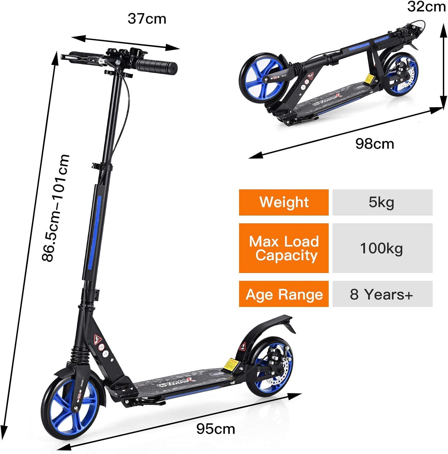 GOPLUS Scooter Plegable Adultos Doble Freno Manillar Ajustable 86,5-101 cm Carga 100 kg