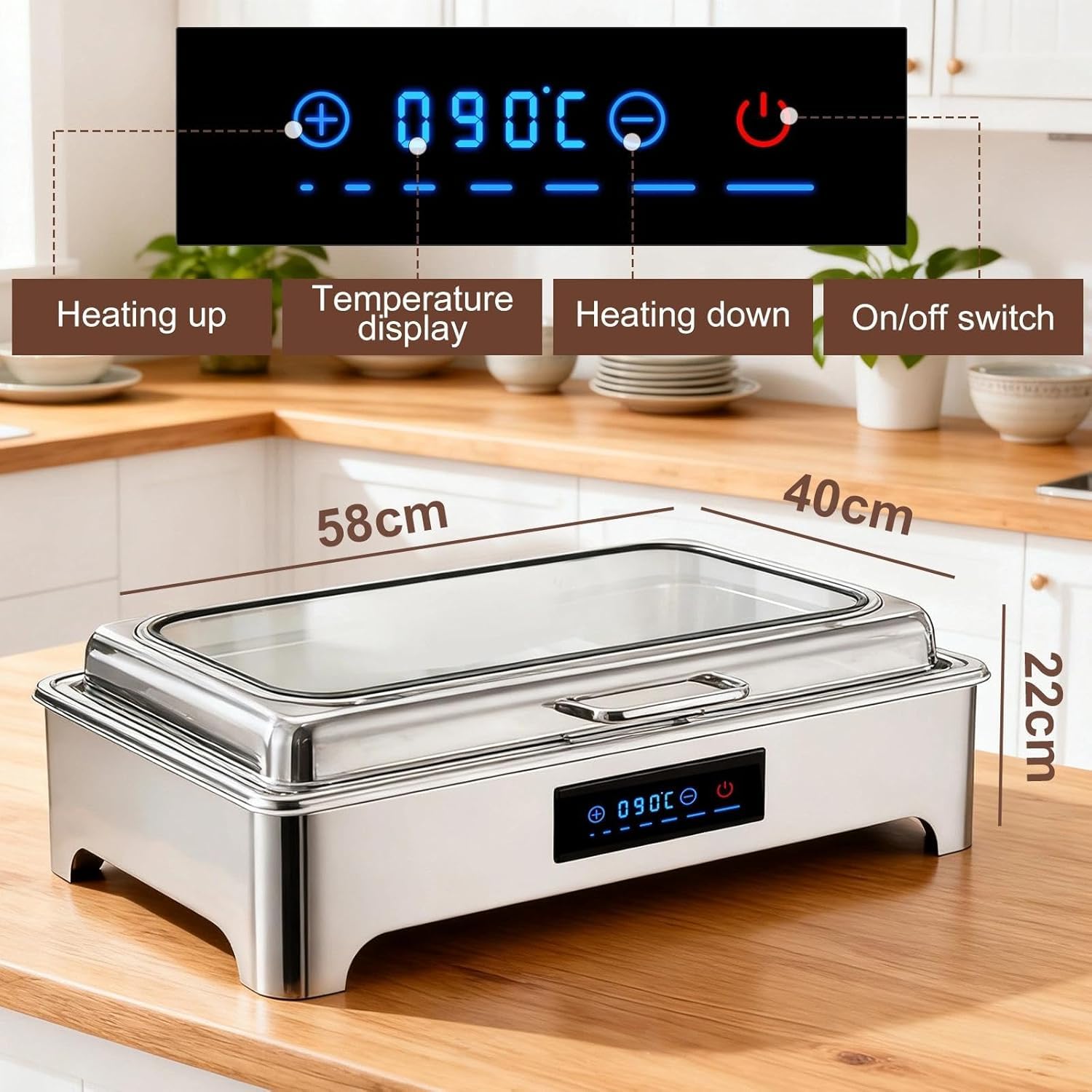 Calentador de Comida Eléctrico 9L con Pantalla Táctil Digital (1/3) | Calentador de Alimentos de Acero Inoxidable para Buffet, Restaurante y Catering, Ideal para Mantener Platos Calientes en Mesa