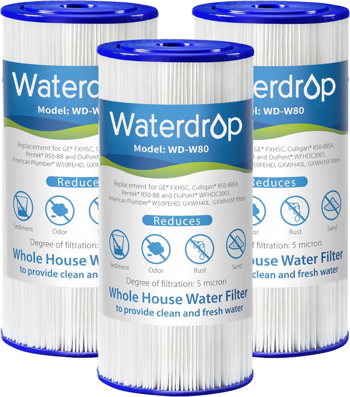 Waterdrop W50PEHD Whole House Water Filter, Replacement for American Plumber, W10-PR, Culligan® R50-BBSA, GE ®FXHSC, GXWH40L, GXWH35F, 5 Micron, 10" x 4.5", High Flow Sediment Filters, Pack of 3