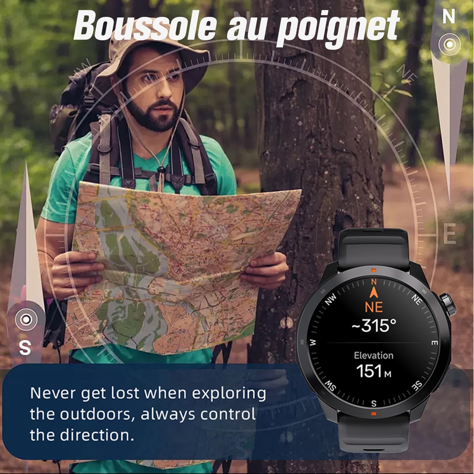 Orologio GPS impermeabile Orologio da uomo donna sportivo multi attività pedometro chiamate Bluetooth lunga durata monitoraggio frequenza bussola monitoraggio pressione atmosferica, Altimetro 1ATM