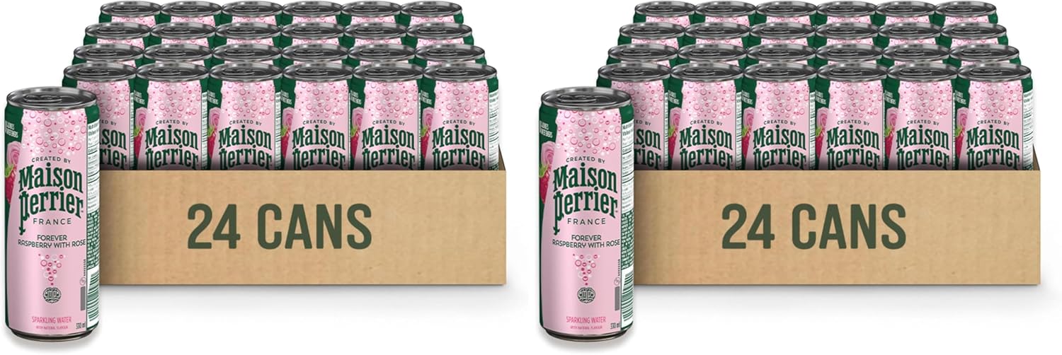 Maison Perrier Forever Raspberry with Rose, Sparkling Water Beverage, Natural Flavour, No Calories, Sweeteners Or Sodium, Sourced & Bottled In France, 24 Cans, 330 ml (Pack of 2)