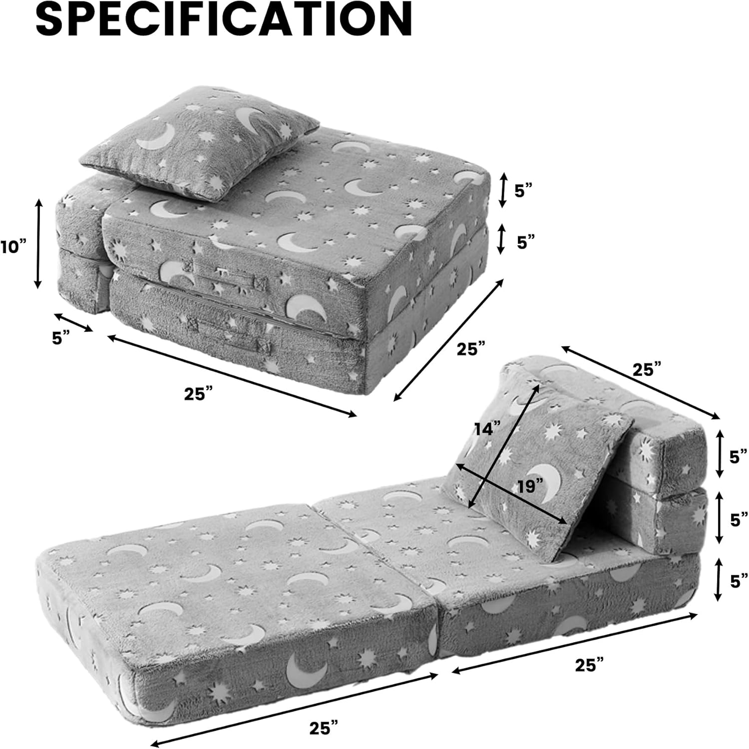 2 Pcs Kids Couch Sofa, Modular Toddler Glow in The Dark Couch Sofa for Playroom Bedroom, Foam Kids Convertible Sofa Sectional Playset Couch Set, Play Couch for Girls Boys