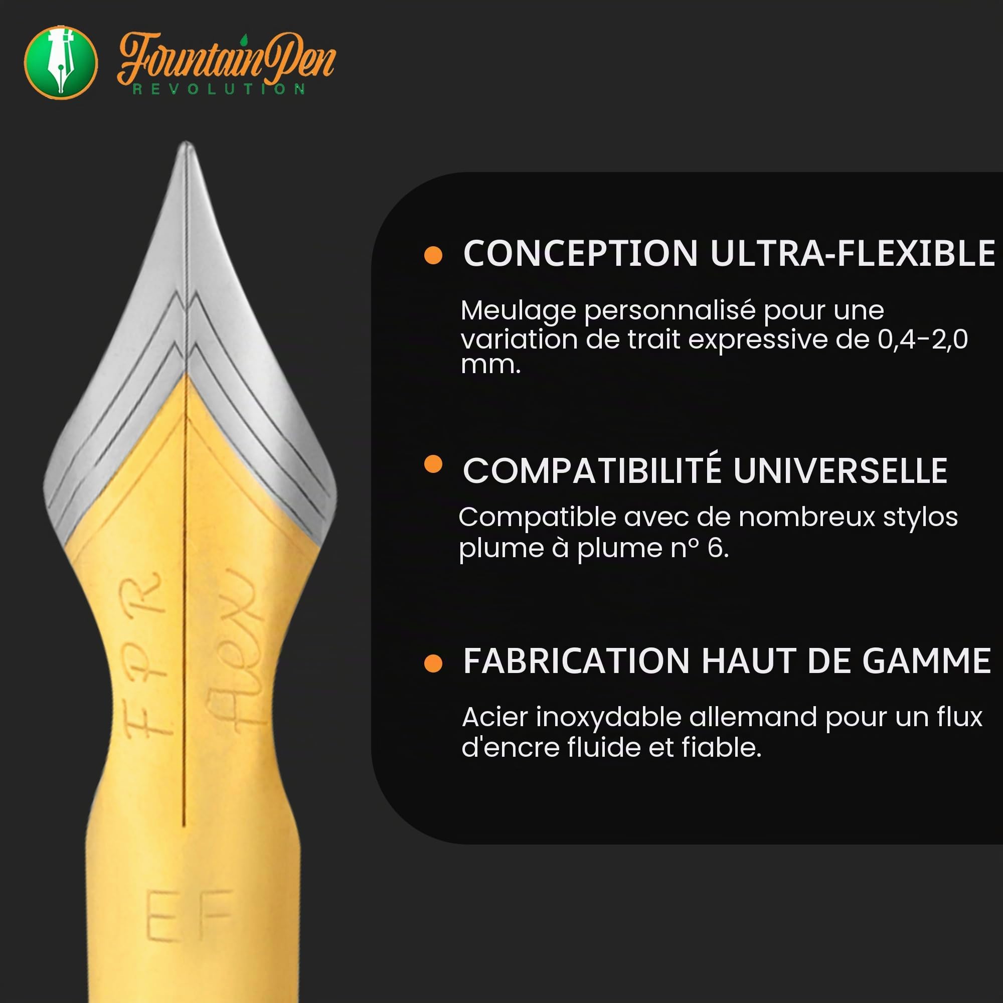 FPR #6 Bicolore EF Ultra Flex – Plumes de plume rectifiées sur mesure avec toucher ultra flex doux – Plume flexible lisse en acier inoxydable – Plumes de calligraphie extra fines pour une douceur