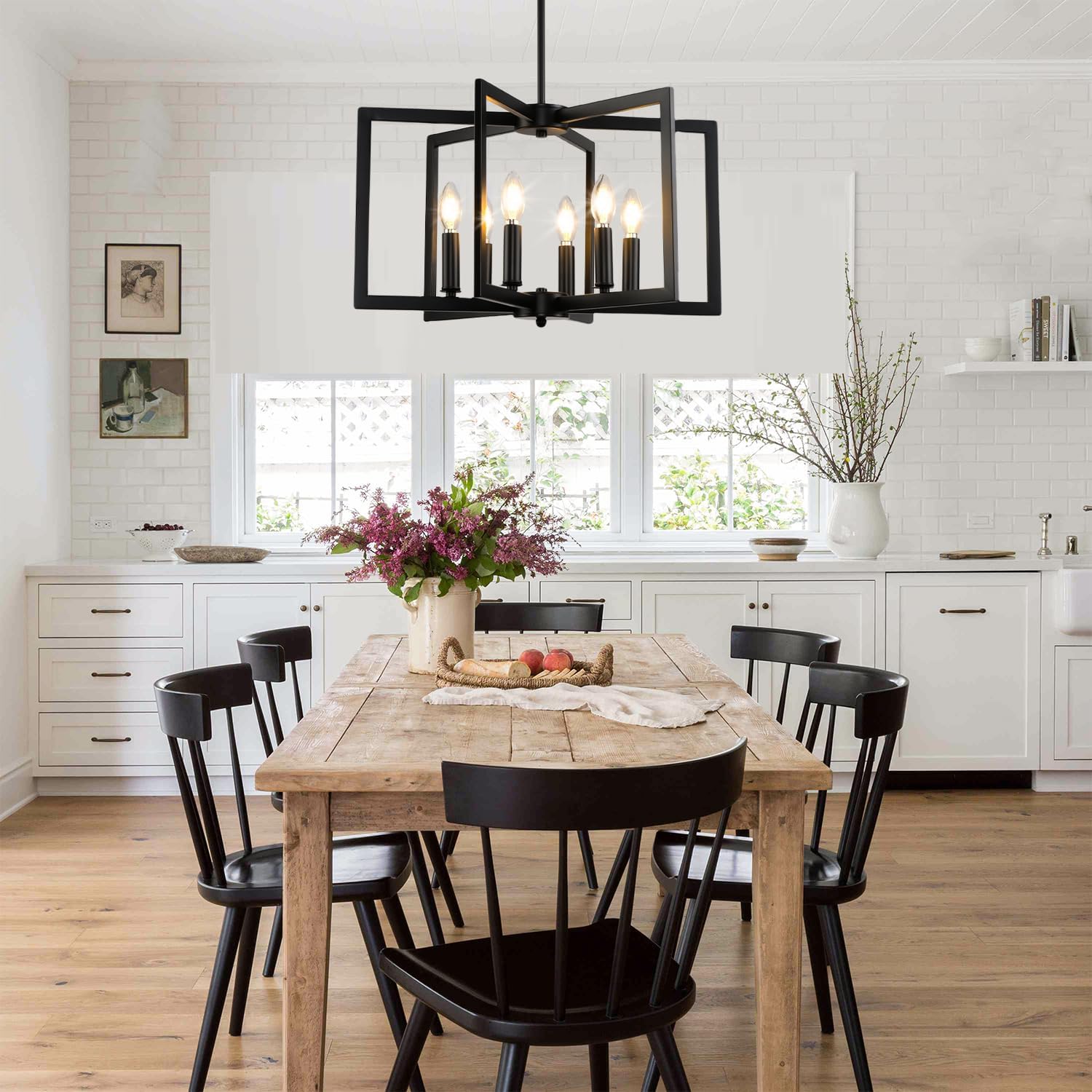 21in Black Chandeliers for Dining Room, 6-Light Farmhouse Semi Flush Mount Ceiling Light, Pendant Lighting Hanging Ceiling Lights Fixture for Foyer Entryway Hallway Kitchen Island