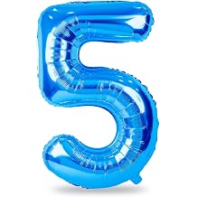 Blue Number Balloons, 40inch Large Number 5 Foil Mylar Helium Balloons, Self Inflating Number Balloons 0-9 for Men Boys 5th 50th 25th Birthday Anniversary Party Celebration Decoration Supplies