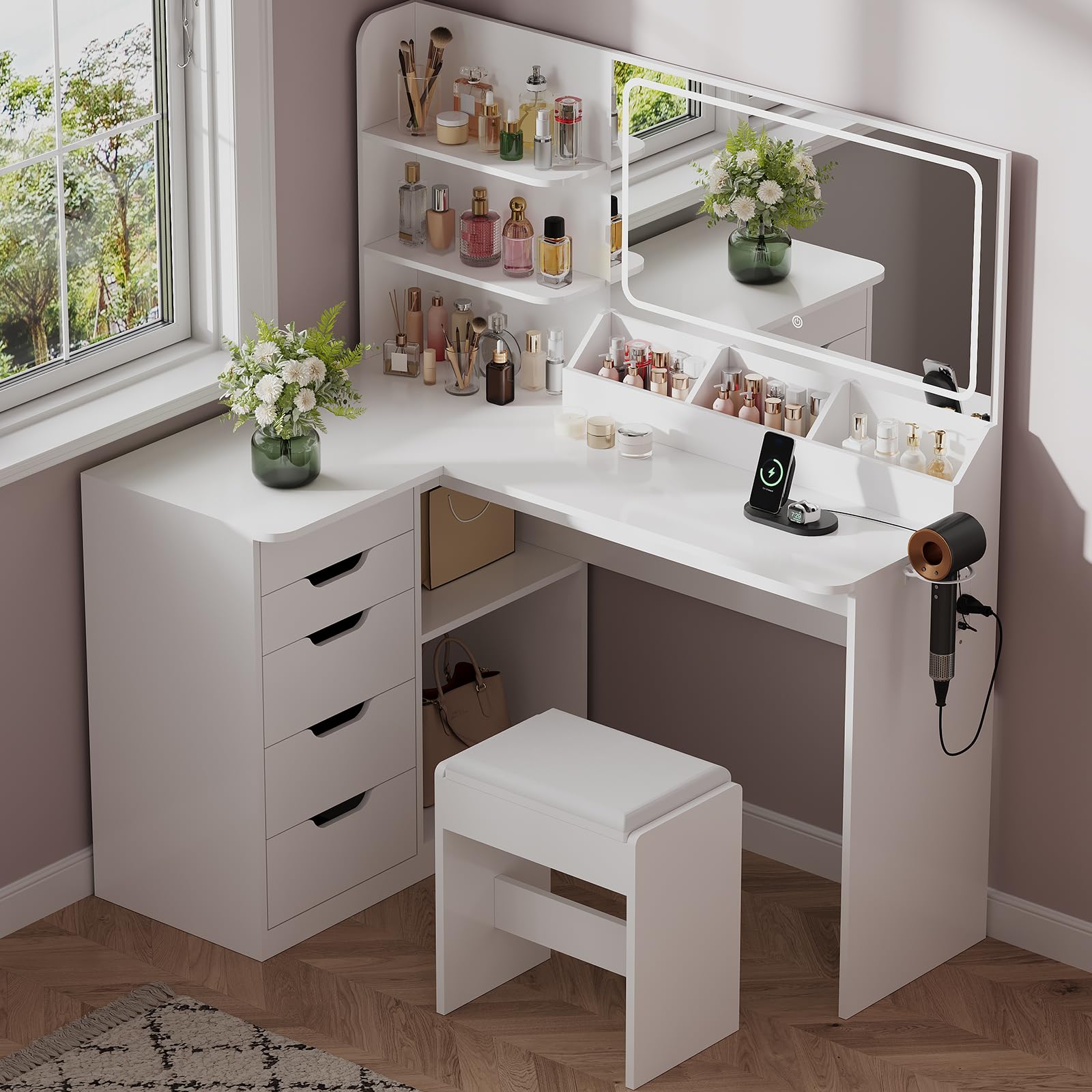 JUMMICO Dressing Table with LED Mirror,Vanity Desk with Stool,Corner Vanity Table with 5 Drawers,Power Outlets and Open Shelves,L-Shaped Modern Furniture (White)
