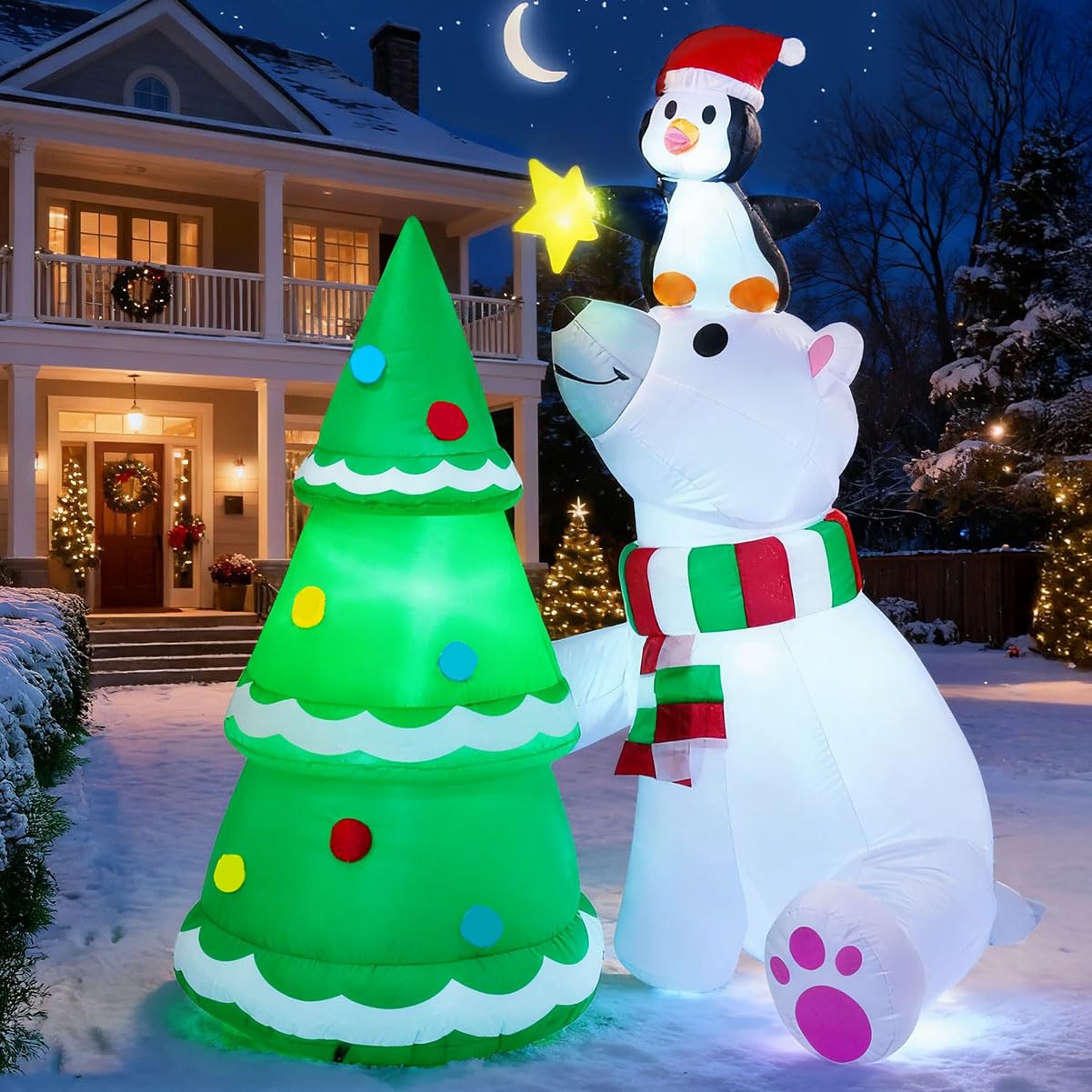 Joiedomi Ours Polaire Gonflable de 1,8 m avec Pingouin et Sapin de Noël avec LED intégrées pour fête de Noël en Plein air, Cour, Jardin, décoration d'hiver