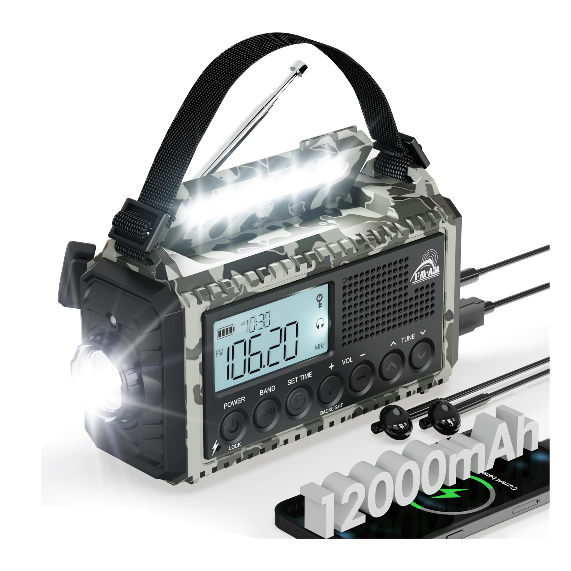 Roxicosly Radio portatile portatile AM/FM/SW da 12000 mAh, ricaricabile, radio portatile AM/FM/SW con torcia e lampada da lettura, caricatore USB, allarme SOS, IPX6, jack per cuffie da campeggio,