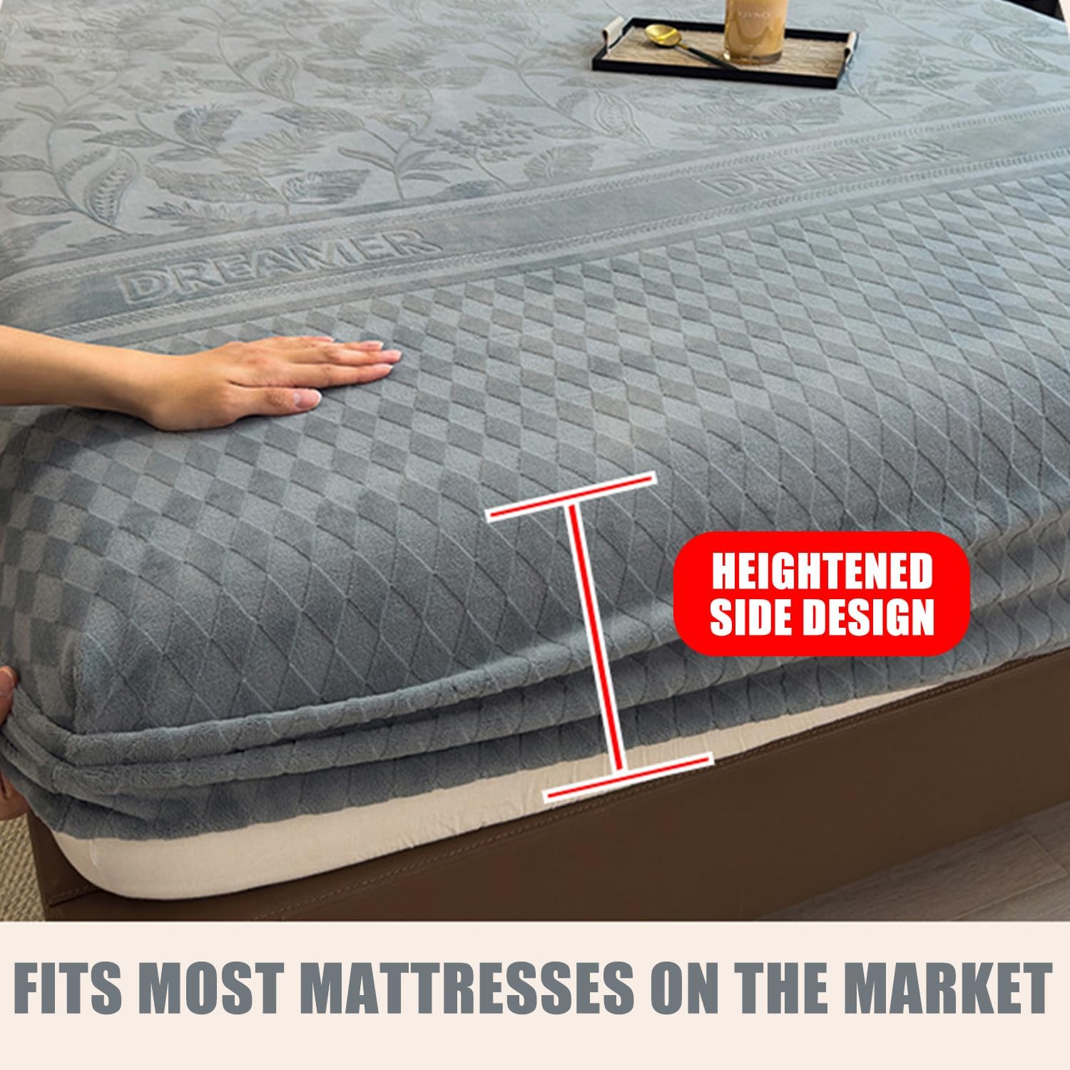 Luxury Mattress Cover Milk Velvet Fitted Sheet King Queen Super Soft Bed Cover with Elastic Band Warm Mattress Protector Mattress Pad Cover with Fashionable Pattern,A/grey,90*200*15cm(TWIN)