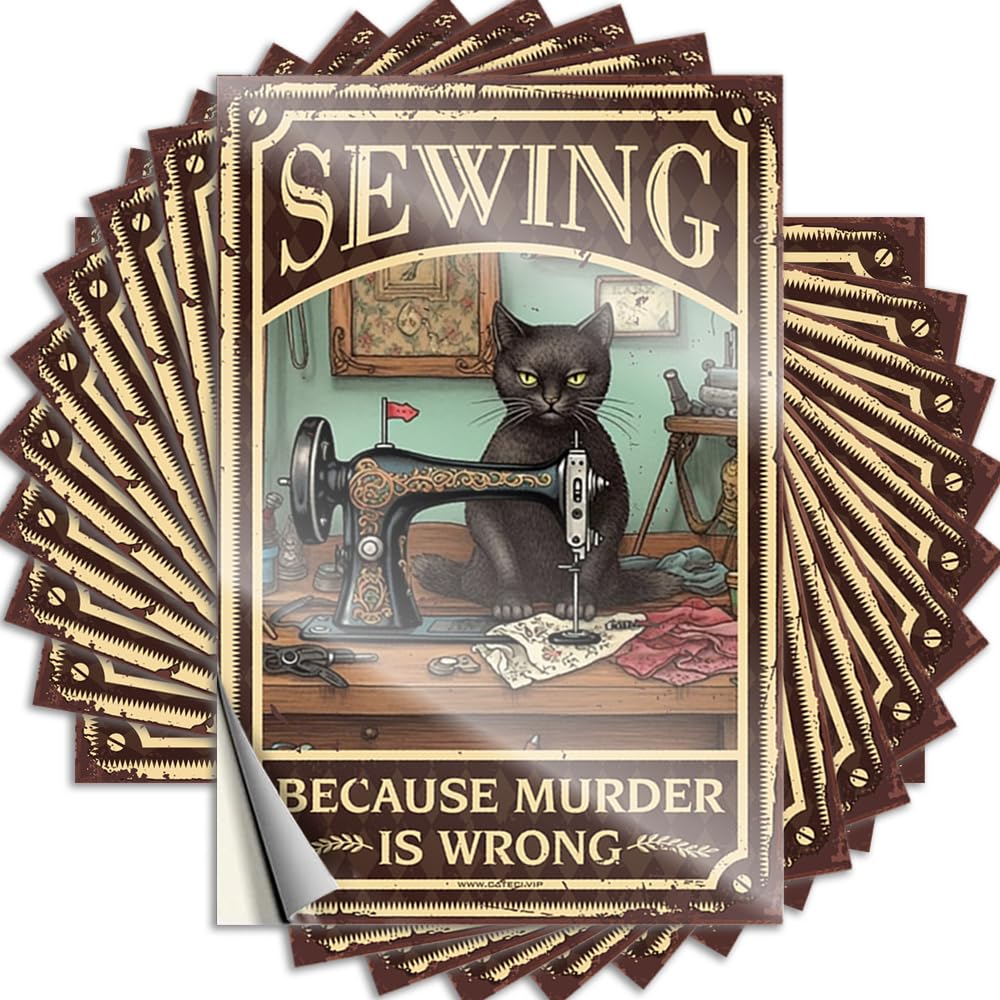 Tattoo Basement Decor Peel and Stick - Cat Kitty Sewing Because Murderis Wrong Cover Funky Waterproof Vinyl for Travel(8X12CM)