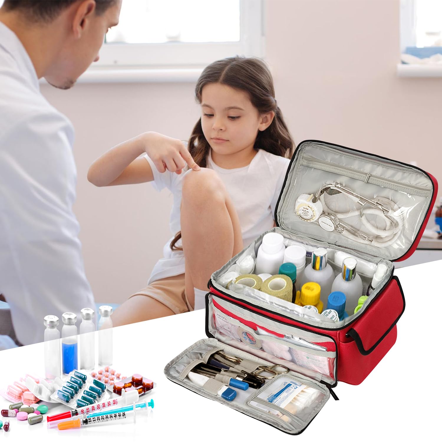 Tragbar Arzttasche Medizintasche, Luft Reiseapotheke Tasche, Arzttasche Hausbesuch, Tragebare Medikamententasche für Pflege, Medizintasche Reise Aufbewahrungstasche, Rot