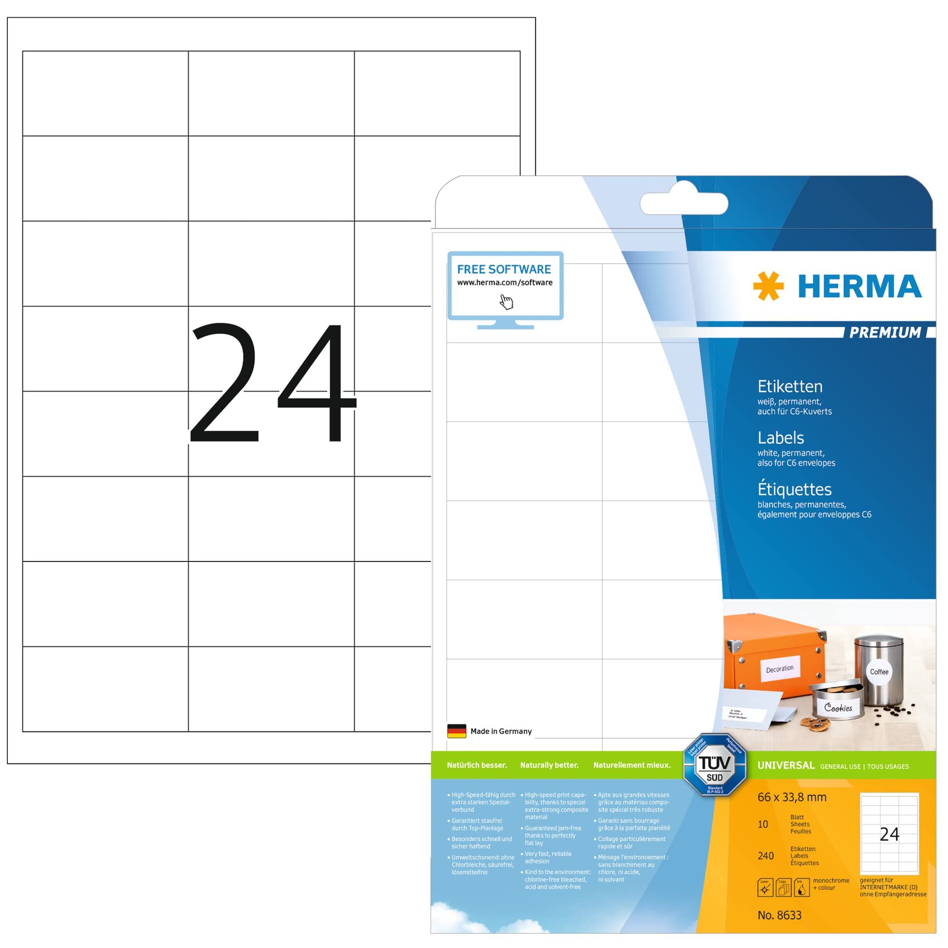 HERMA Self Adhesive Address Labels, 24 Labels per A4 Sheet, 10 Sheets, 66 x 33.8 mm, 240 Labels, Blank Mailing Labels Stickers, Sticky Labels for Laser & Inkjet Printer, White