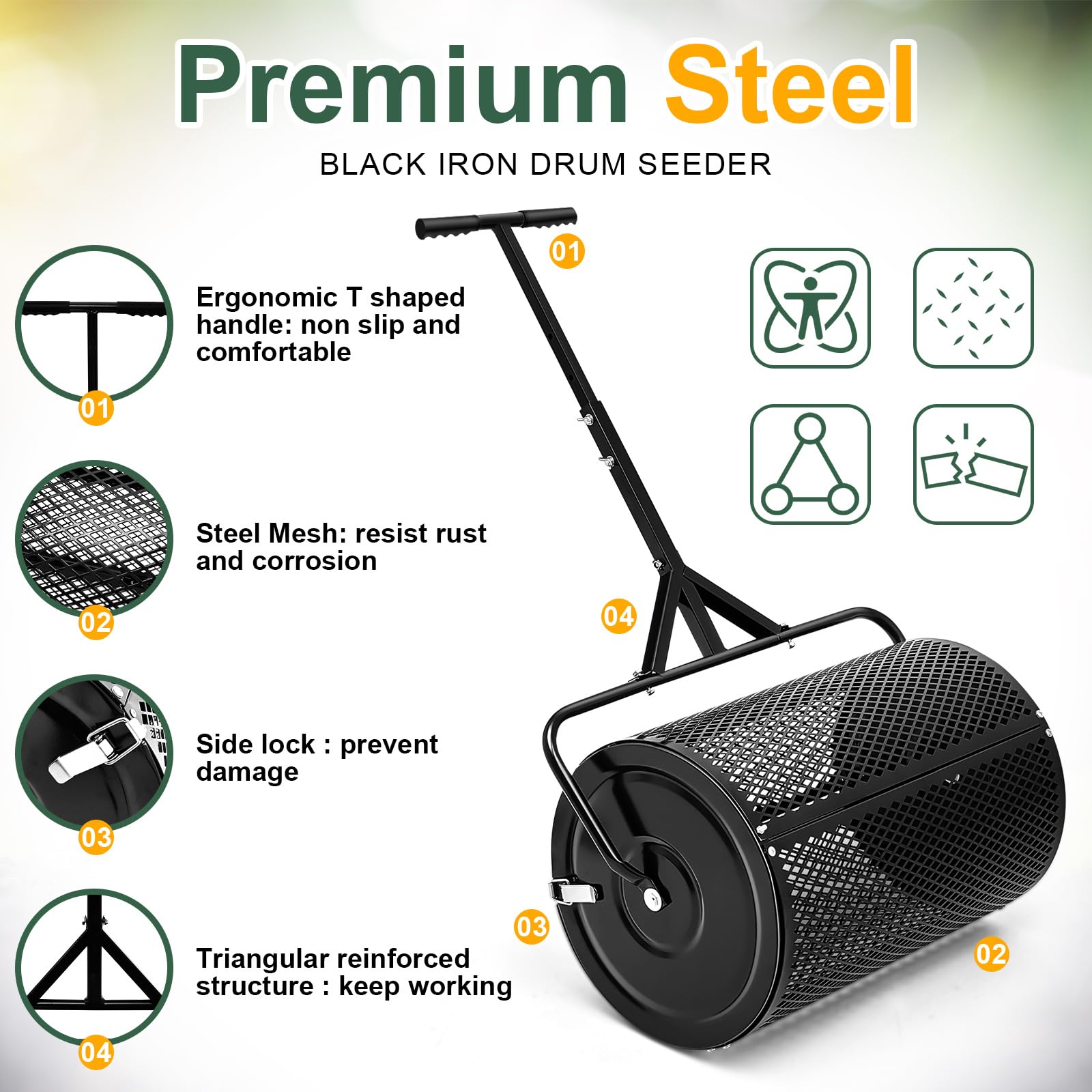 Hiboom Esparcidor de abono de turba para jardín, tierra superior, tierra, esparcidor de gotas de semillas con mango ajustable en forma de T, esparcidor de malla de metal ligero para patio (negro, 15.7