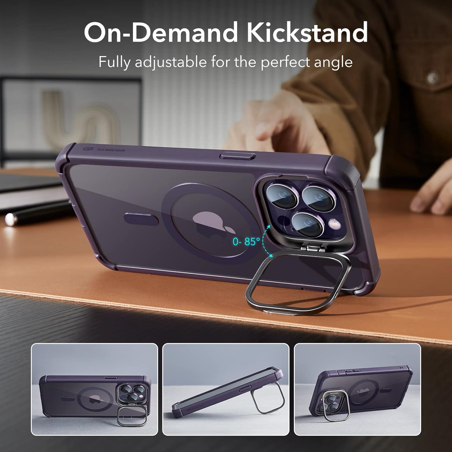 ESR for iPhone 14 Pro Max Case with Stand, Compatible with MagSafe, Full-Body Military-Grade Drop Proof Case with Built-in 9H  Tempered Glass Screen Protector, Armor Series, Clear Purple