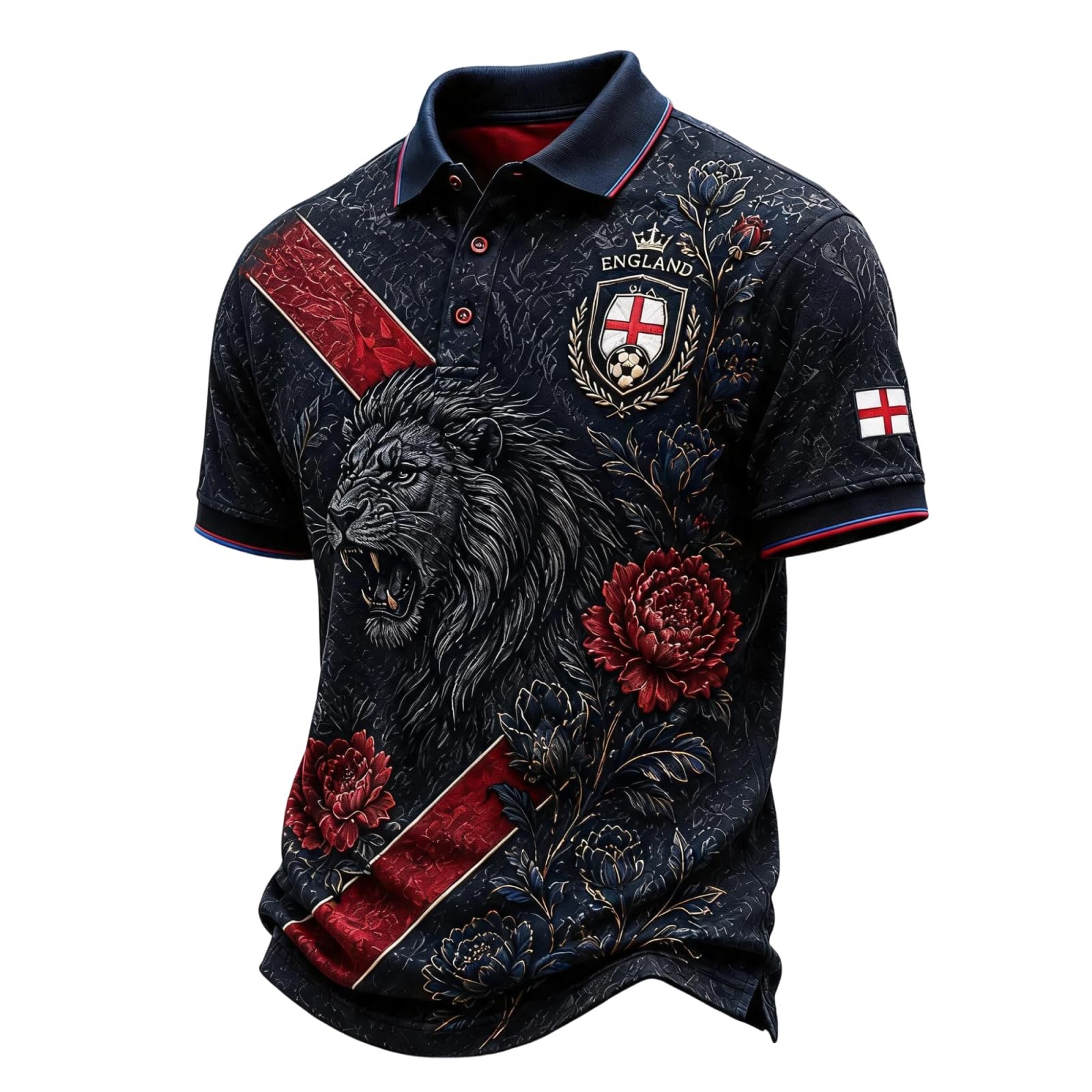 Mens England Football Shirt Lion Print Short Sleeve Polo Shirt for Supporters of Football Casual National Flag Print Button Down Collar Top Outdoor Sports Shirts for Men Dark Gray M