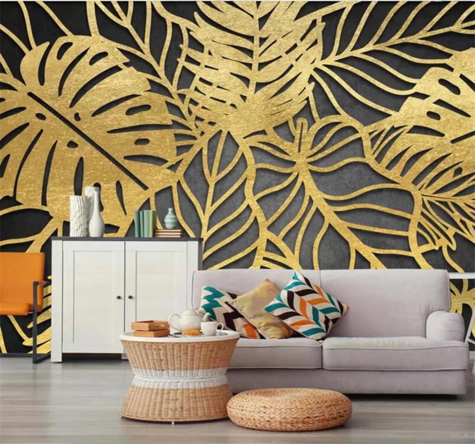 Minimalist Three Dimensional Golden Leaves Art 3D Wallpaper Easy Install Feature Office Living Room Sofa Bedroom TV Background Wall Decoration-300cm×210cm