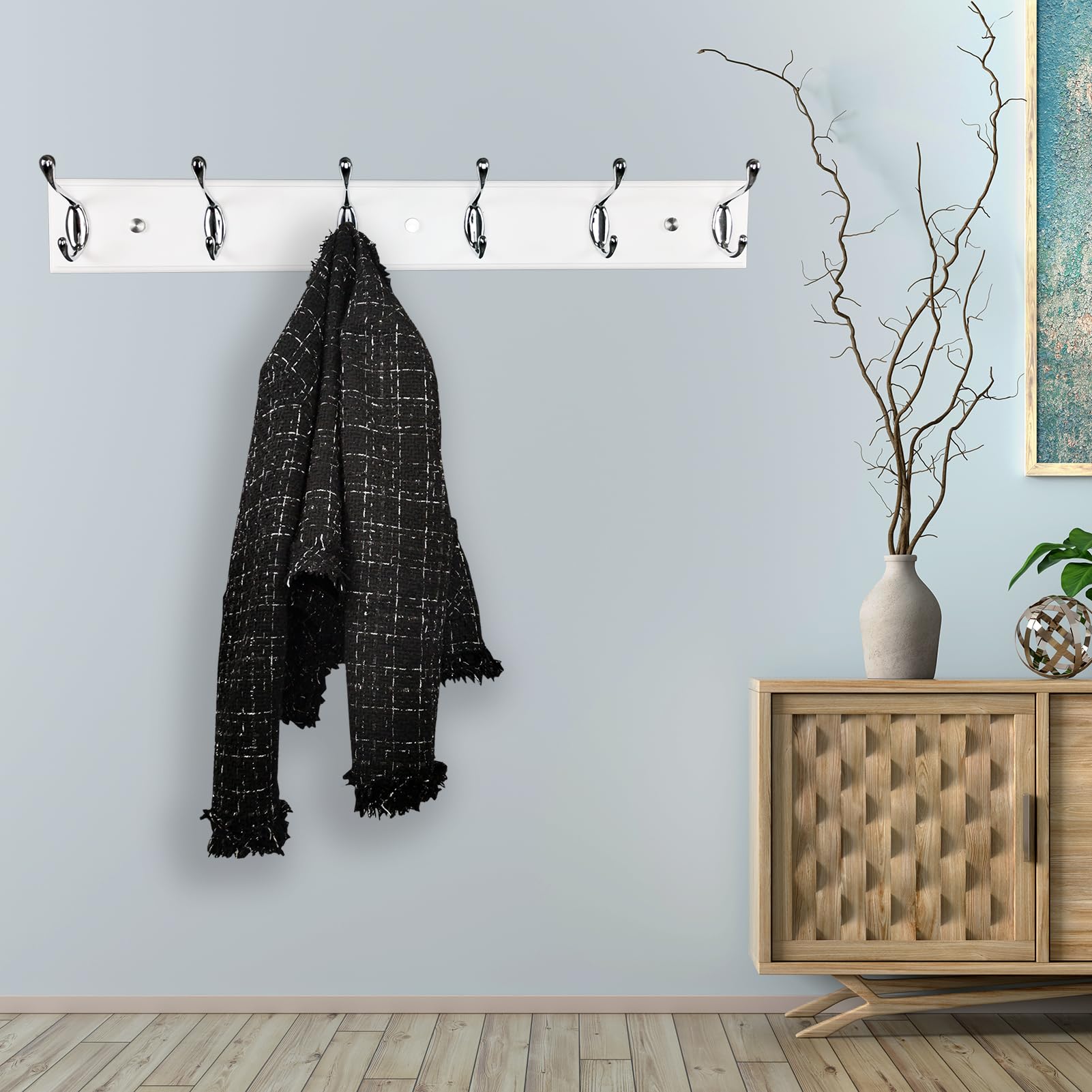 Porte-manteau mural de 58 cm avec 6 crochets argentés, cintre mural en bois blanc pour entrée, couloir, chambre à coucher, chambre d'enfant