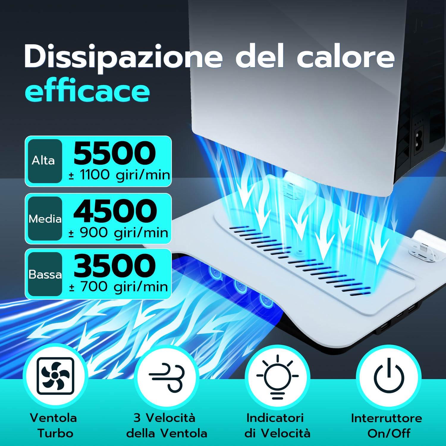 Supporto per PS5/Slim/Pro con Ventola di Raffreddamento, Base Stazione Ricarica Joystick PS5, PS5 Supporto Verticale Raffreddamento con 2 Carica USB &3 marcia Velocità del vento per PS5 Gadget