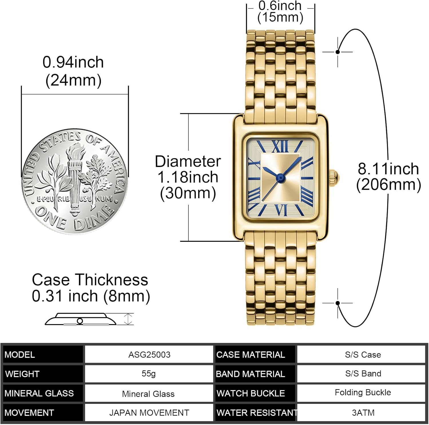 Asan Ge Watches for Women Vintage Bracelet Roman Dial Japanese Movement Rectangular Case Watch 3ATM Waterproof Self-Adjust Watch Size Without Tools - Image 5