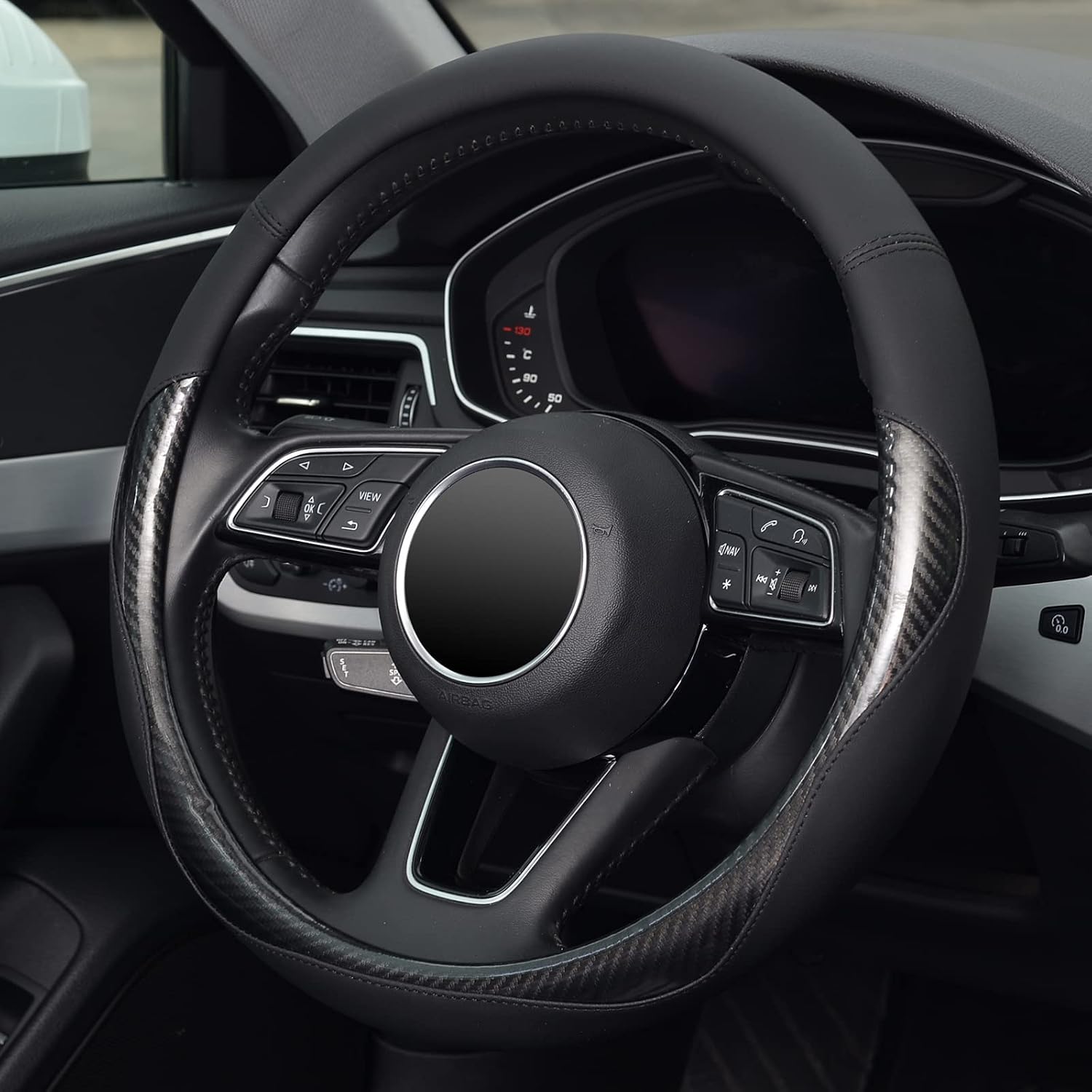 KAFEEK Carbon Fiber Steering Wheel Cover for Men, Car Accessories, Black image 3