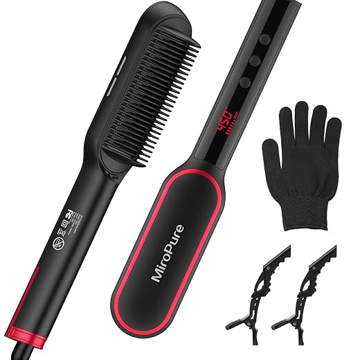 MiroPure Hair Straightener Brush, One-Step Straightening Brush with 50M Negative Ions, 13 Temp Settings & LED Display, Dual Voltage, Straightening Comb with Anti-Scald Design, Gifts for Women