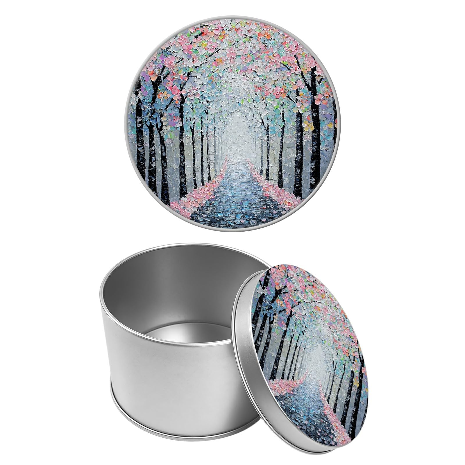 Round Metal Tin Container with Removable Lid, Pink Flowers Forest Durable Metal Storage Box for Cookies Spices Tea Candies Cakes Jewelry Cosmetics 3.54 x 2.36 inch– Single Pack